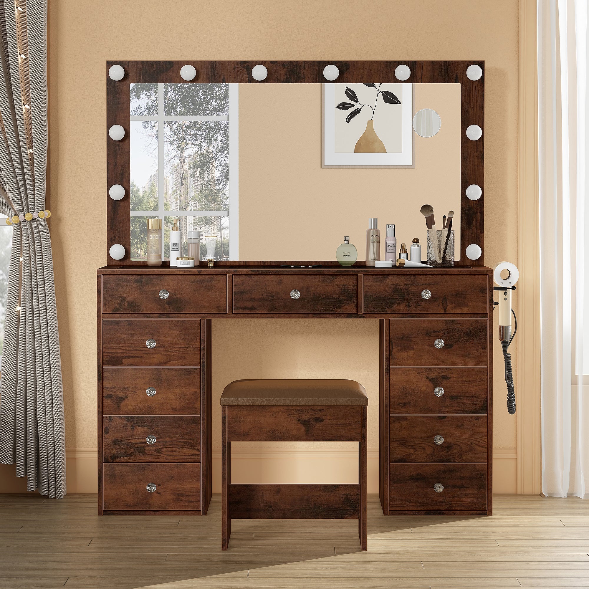 Makeup Vanity desk with LED Mirror, 11 Drawers