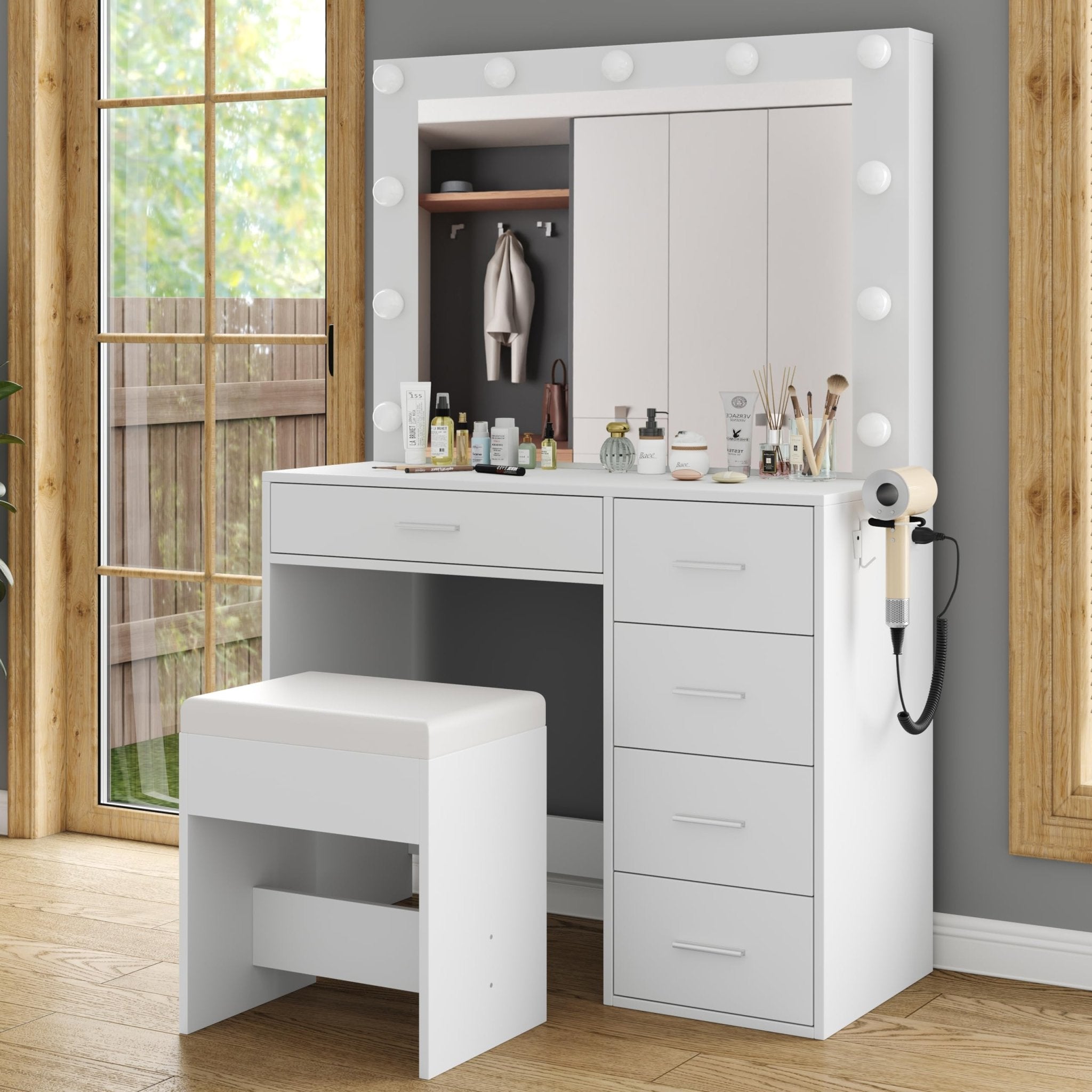 Makeup Vanity desk with LED Mirror, 5 Drawers