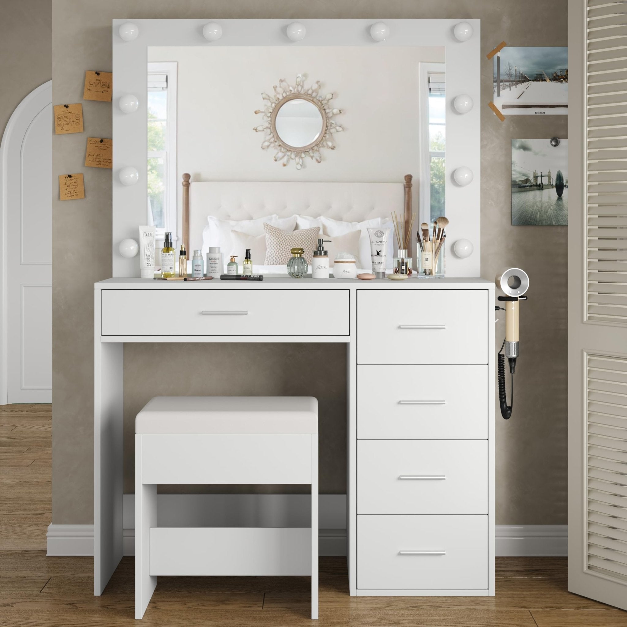 Makeup Vanity desk with LED Mirror, 5 Drawers