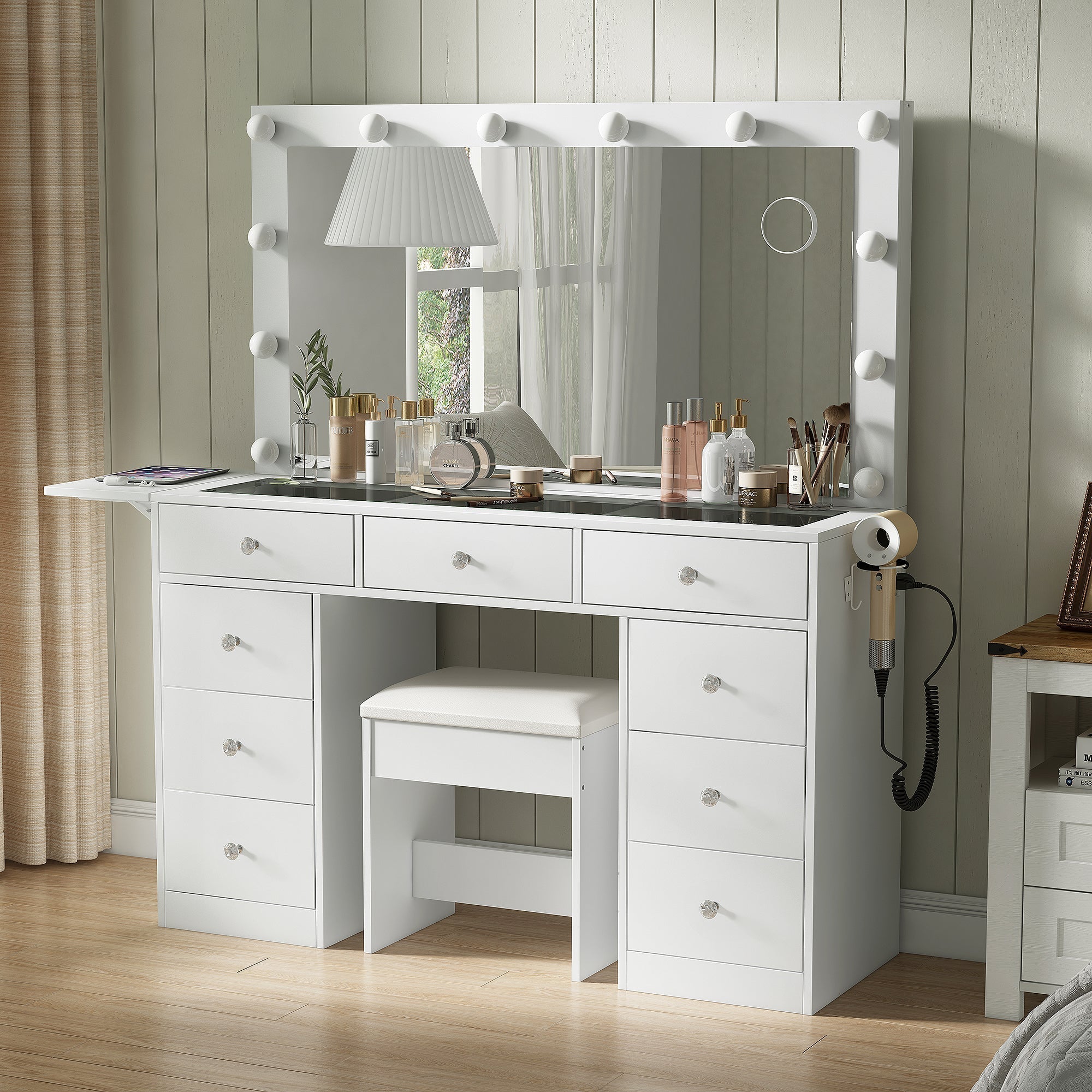 Makeup Vanity desk with LED Mirror, 9 Drawers