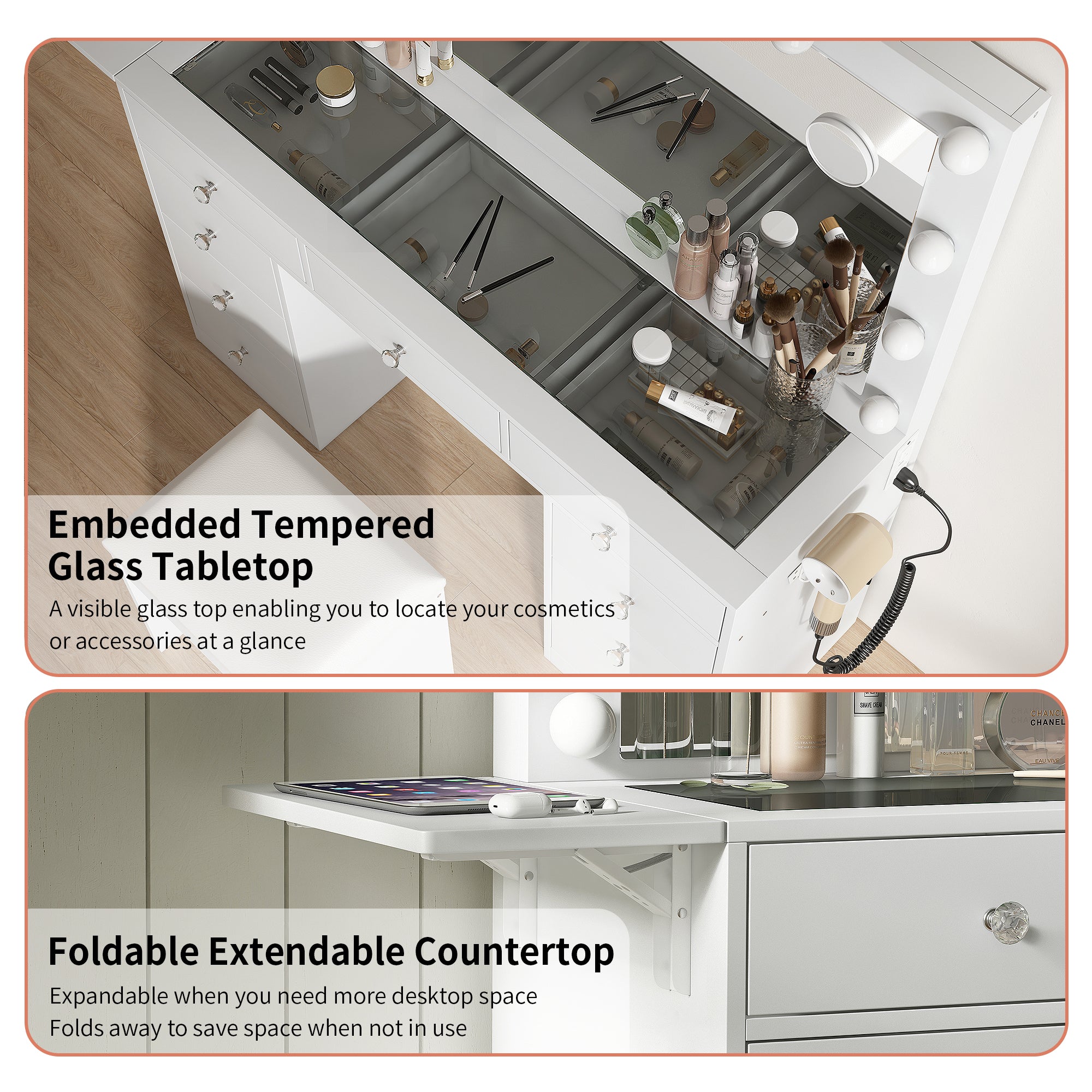 Makeup Vanity desk with LED Mirror, 9 Drawers