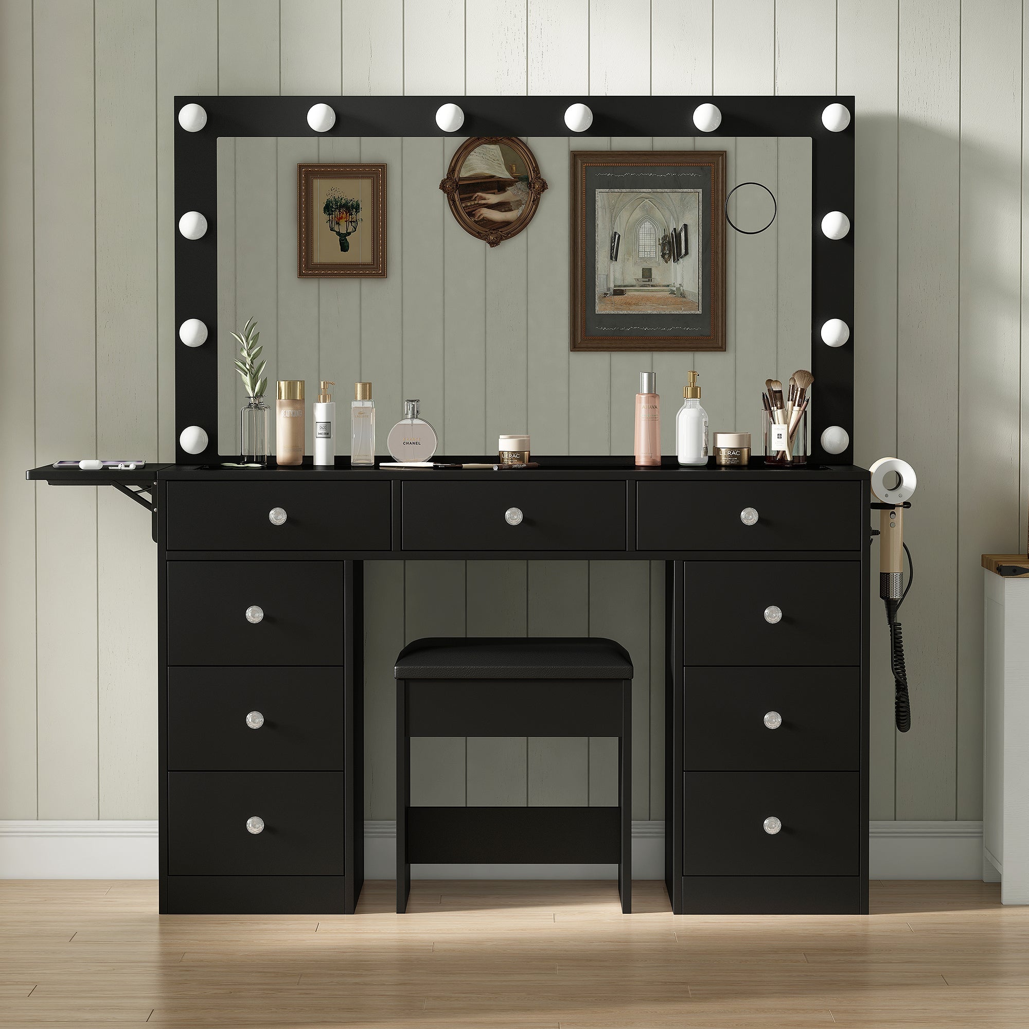 Makeup Vanity desk with LED Mirror, 9 Drawers