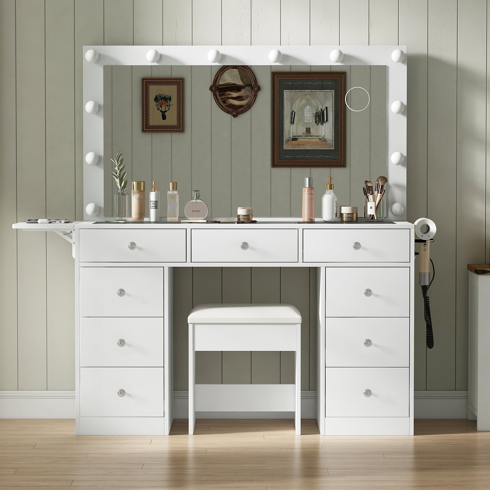 Makeup Vanity desk with LED Mirror, 9 Drawers