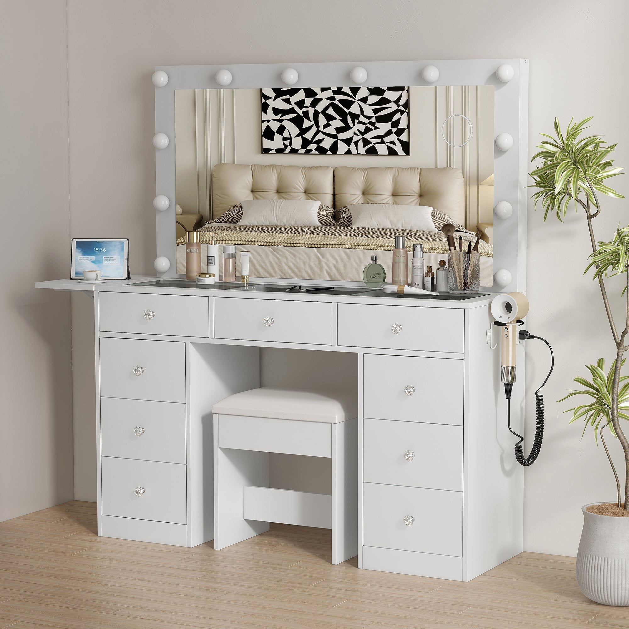 Makeup Vanity desk with LED Mirror, 9 Drawers