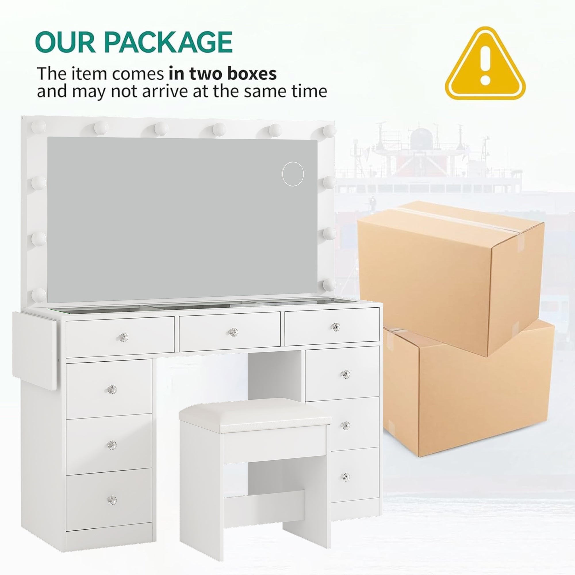 Makeup Vanity desk with LED Mirror, 9 Drawers