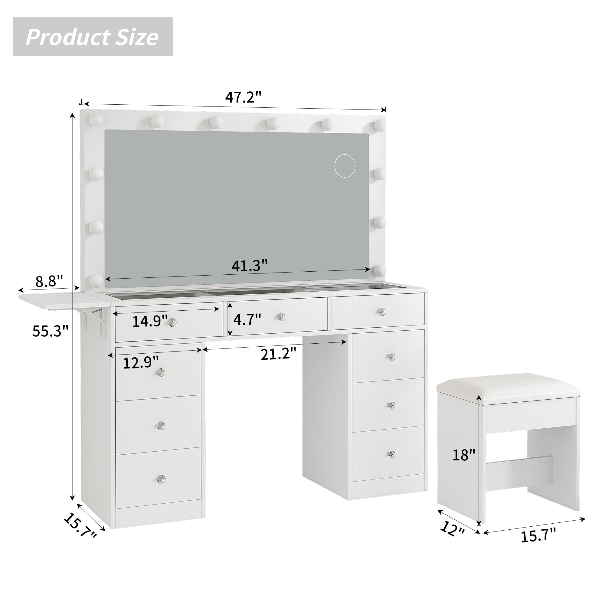 Makeup Vanity desk with LED Mirror, 9 Drawers