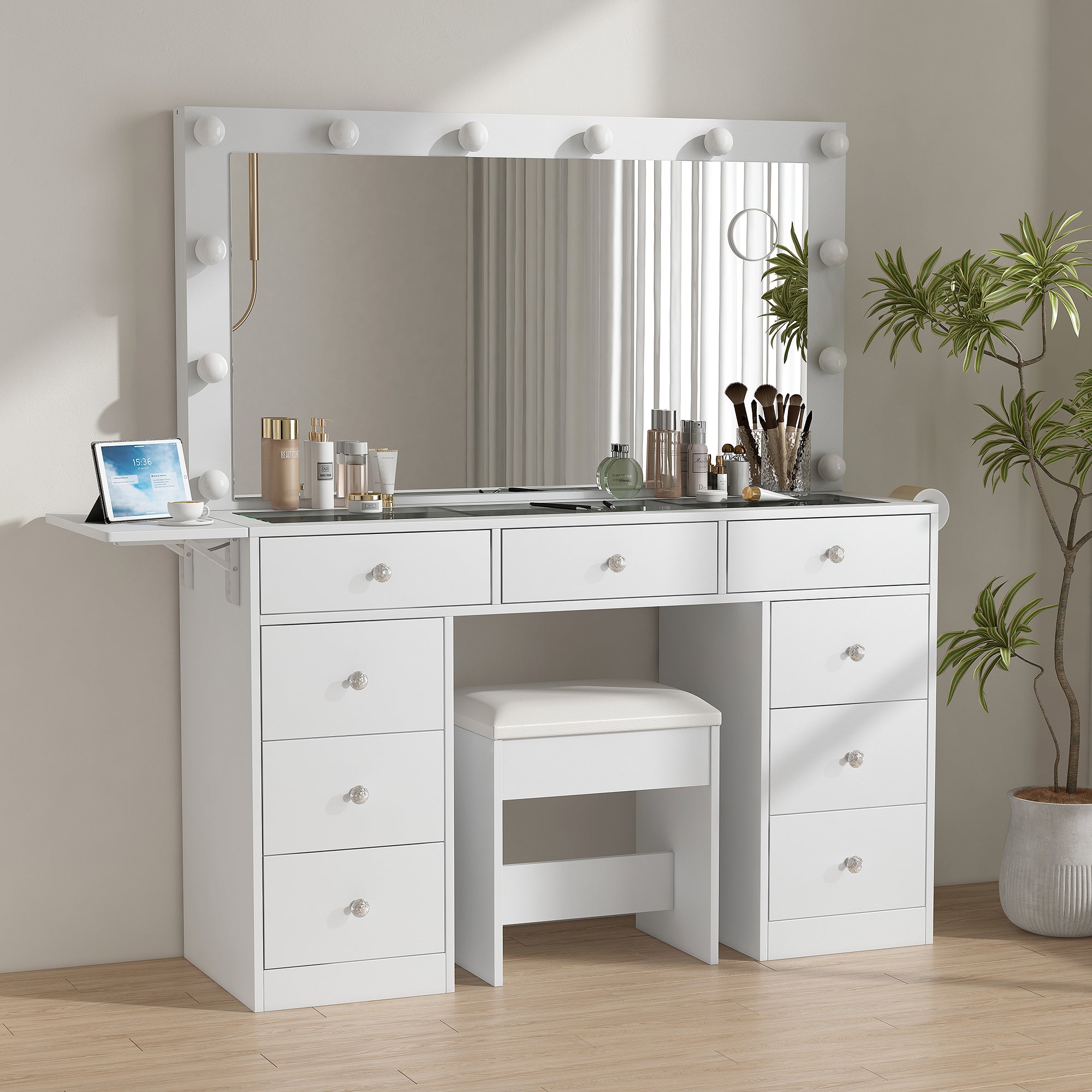 Makeup Vanity desk with LED Mirror, 9 Drawers