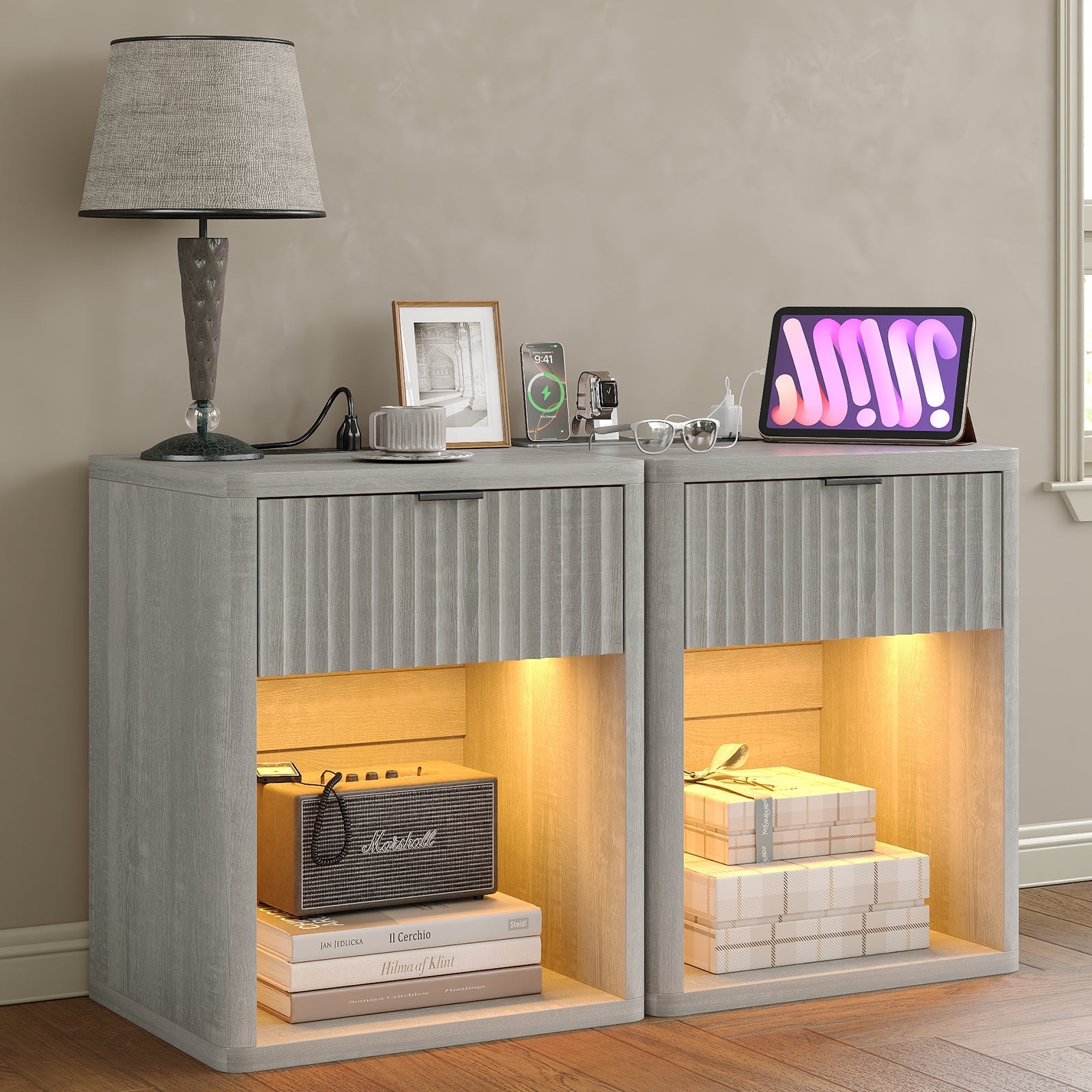 Fluted Nightstands with LED & Charging Station, Oak