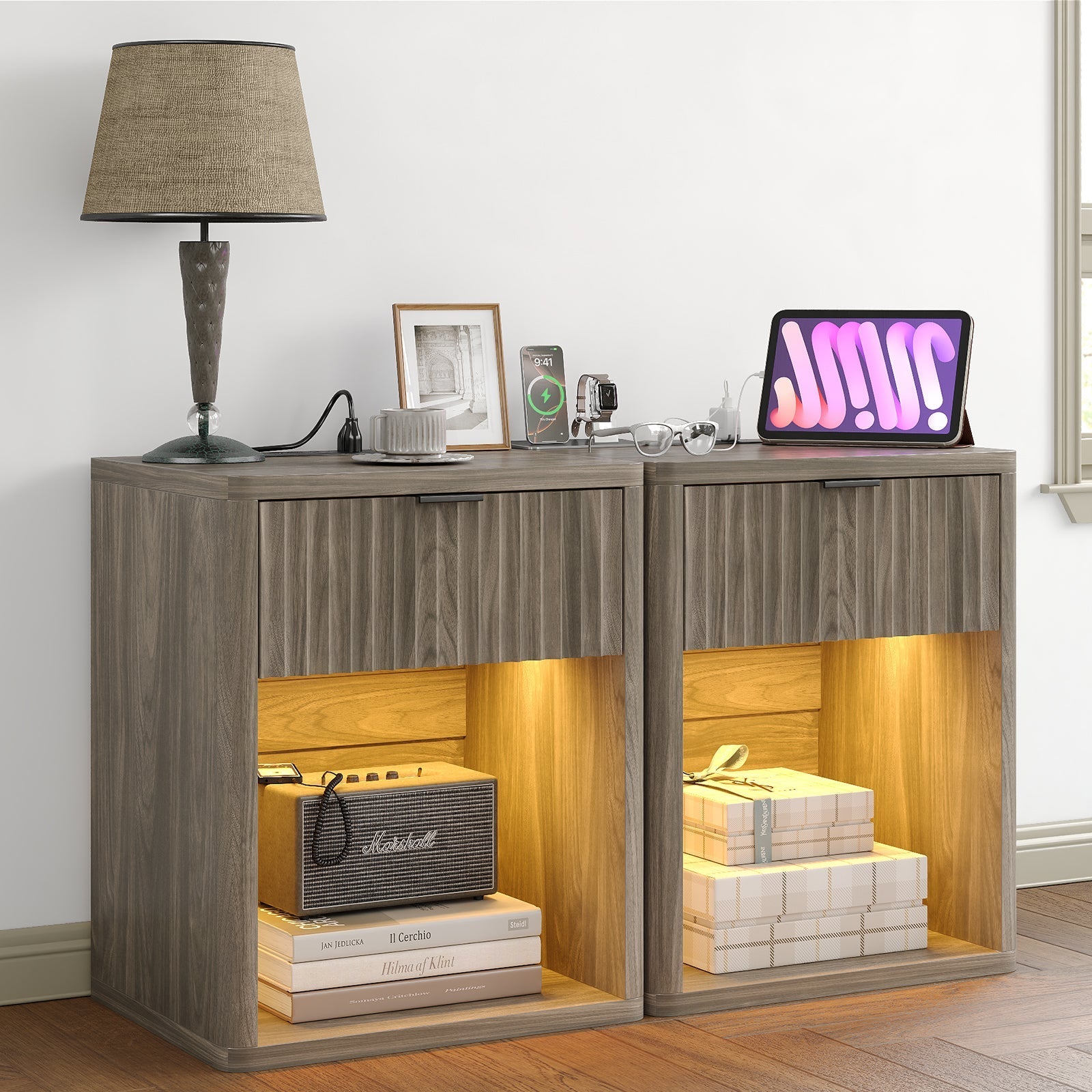 Fluted Nightstands with LED & Charging Station, Oak