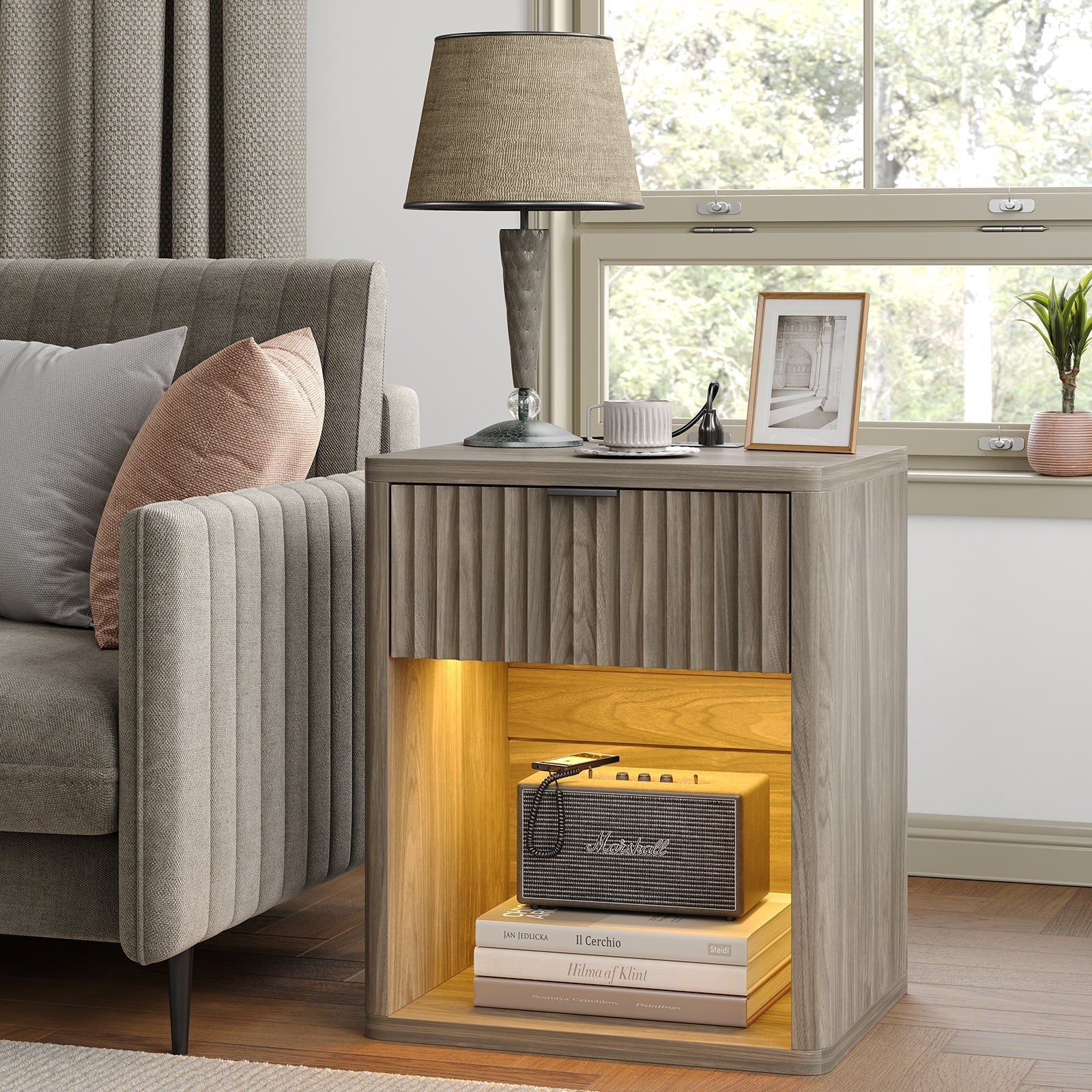 Fluted Nightstands with LED & Charging Station, Oak