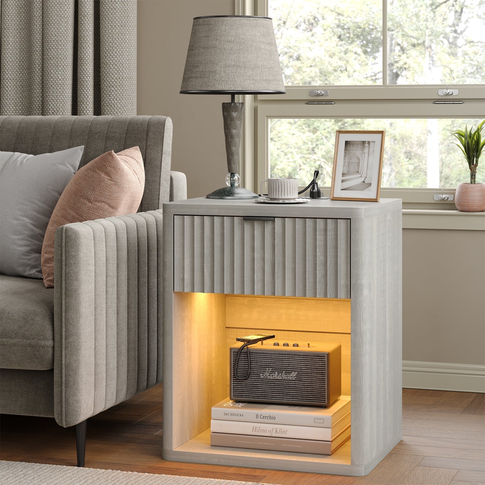 Fluted Nightstands with LED & Charging Station, Oak