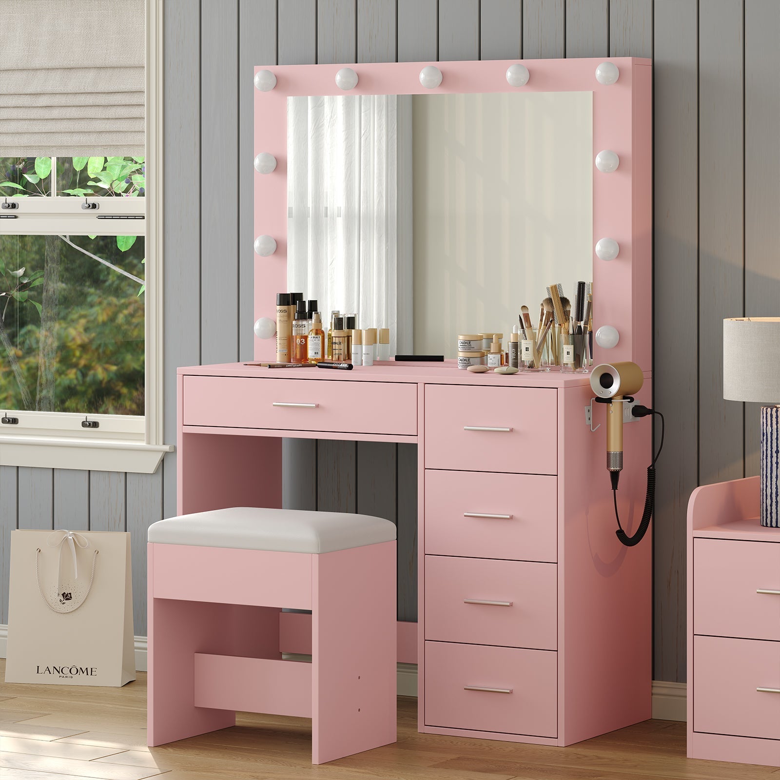 Makeup Vanity desk with LED Mirror, 5 Drawers
