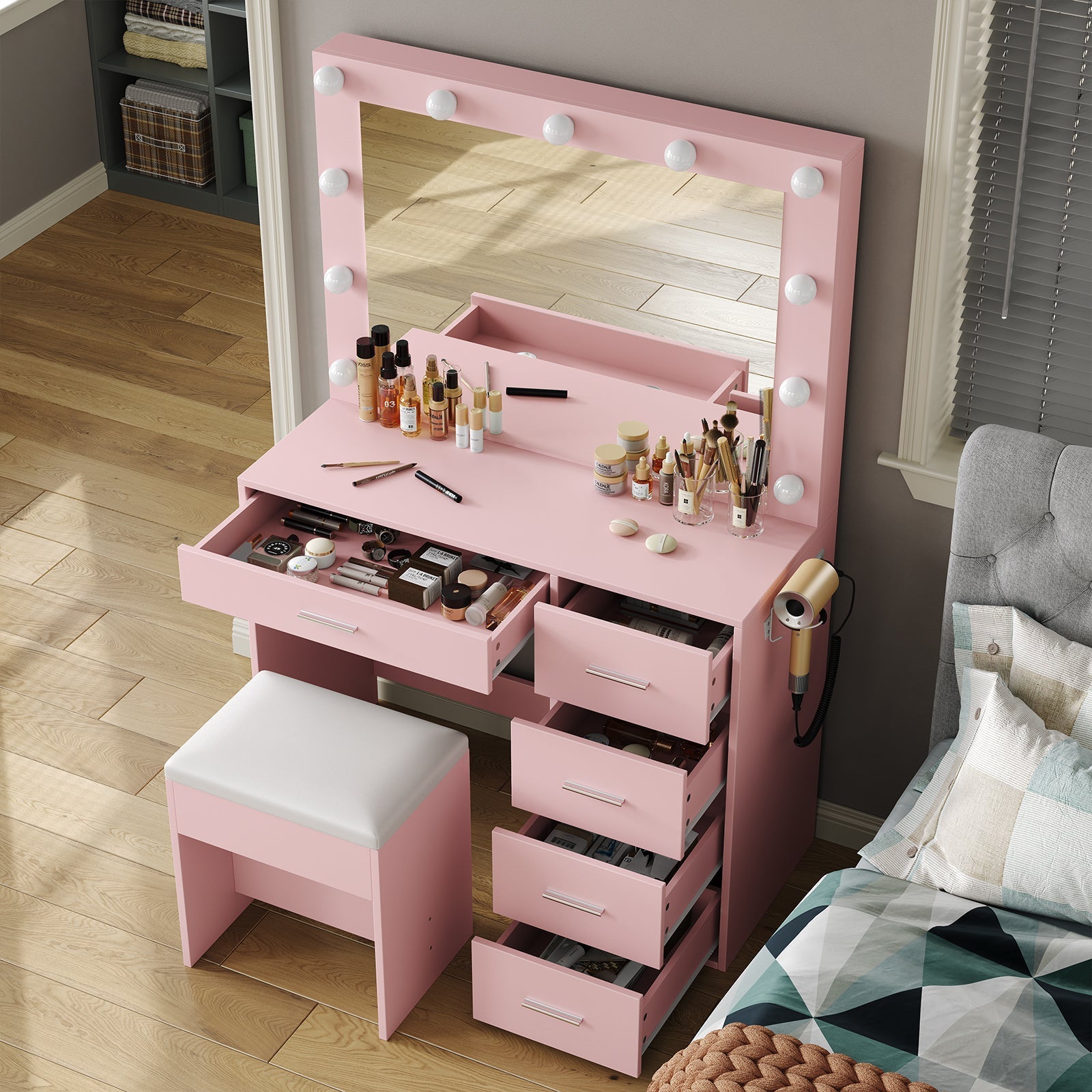 Makeup Vanity desk with LED Mirror, 5 Drawers