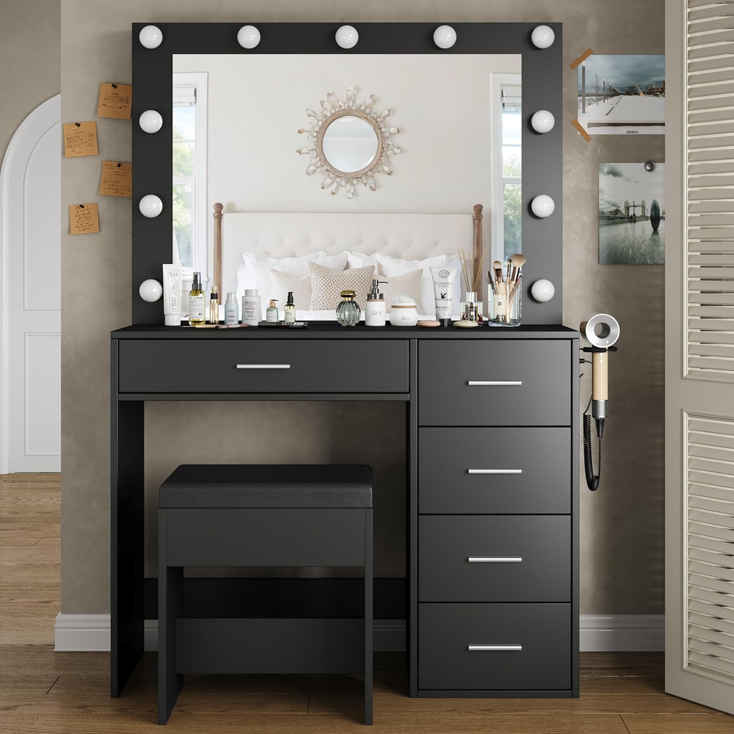 Makeup Vanity desk with LED Mirror, 5 Drawers