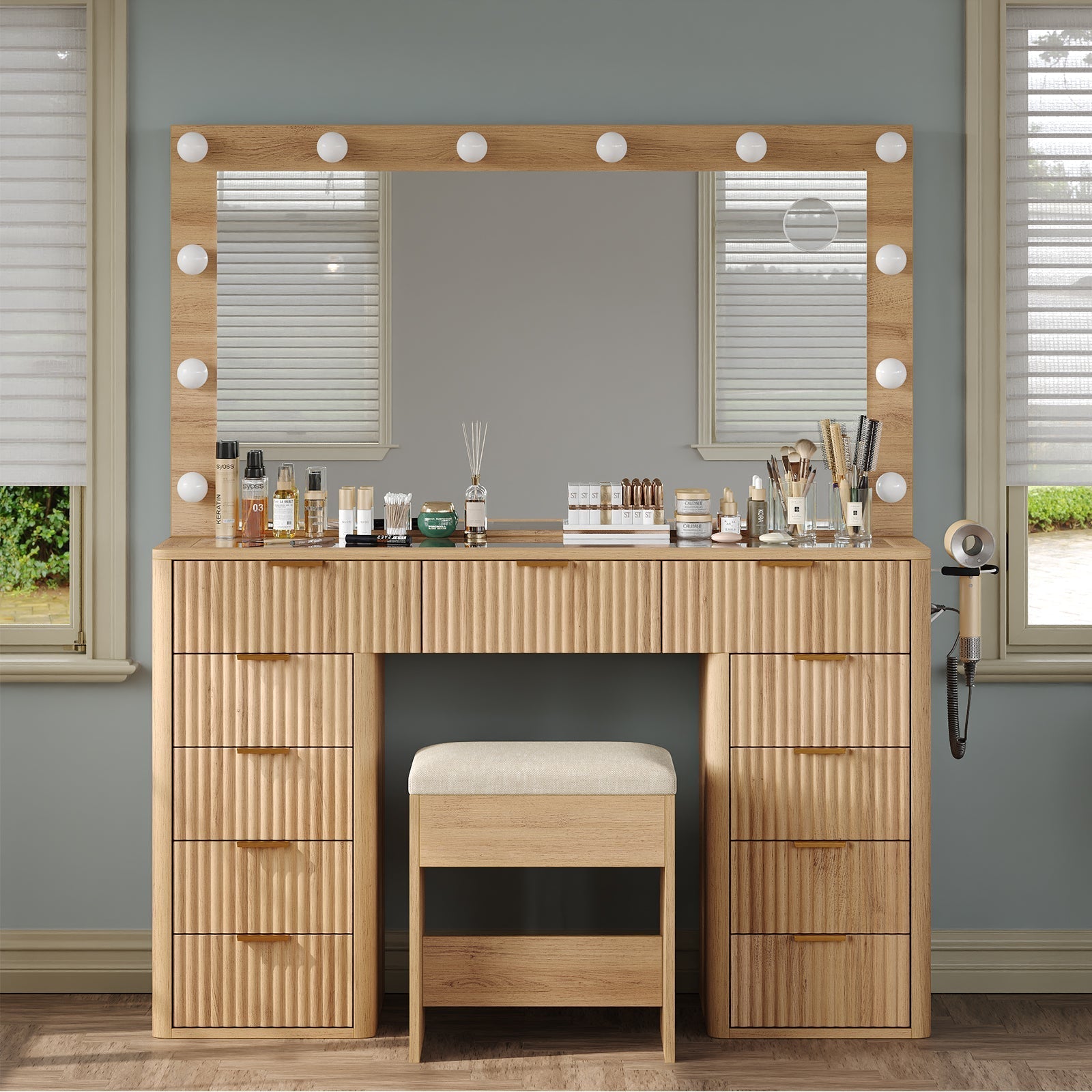 Makeup Vanity desk with LED Mirror, 11 Drawers