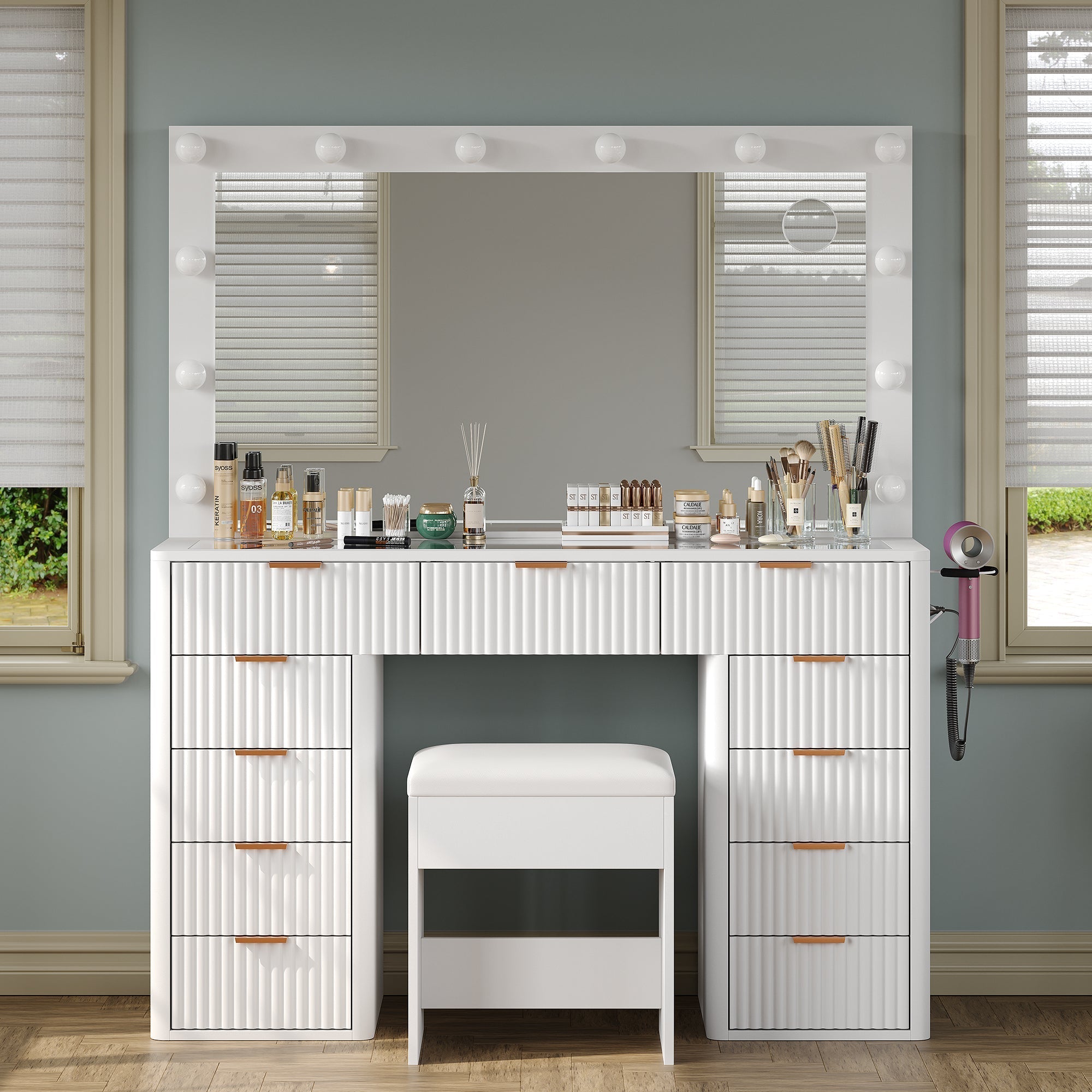 Makeup Vanity desk with LED Mirror, 11 Drawers