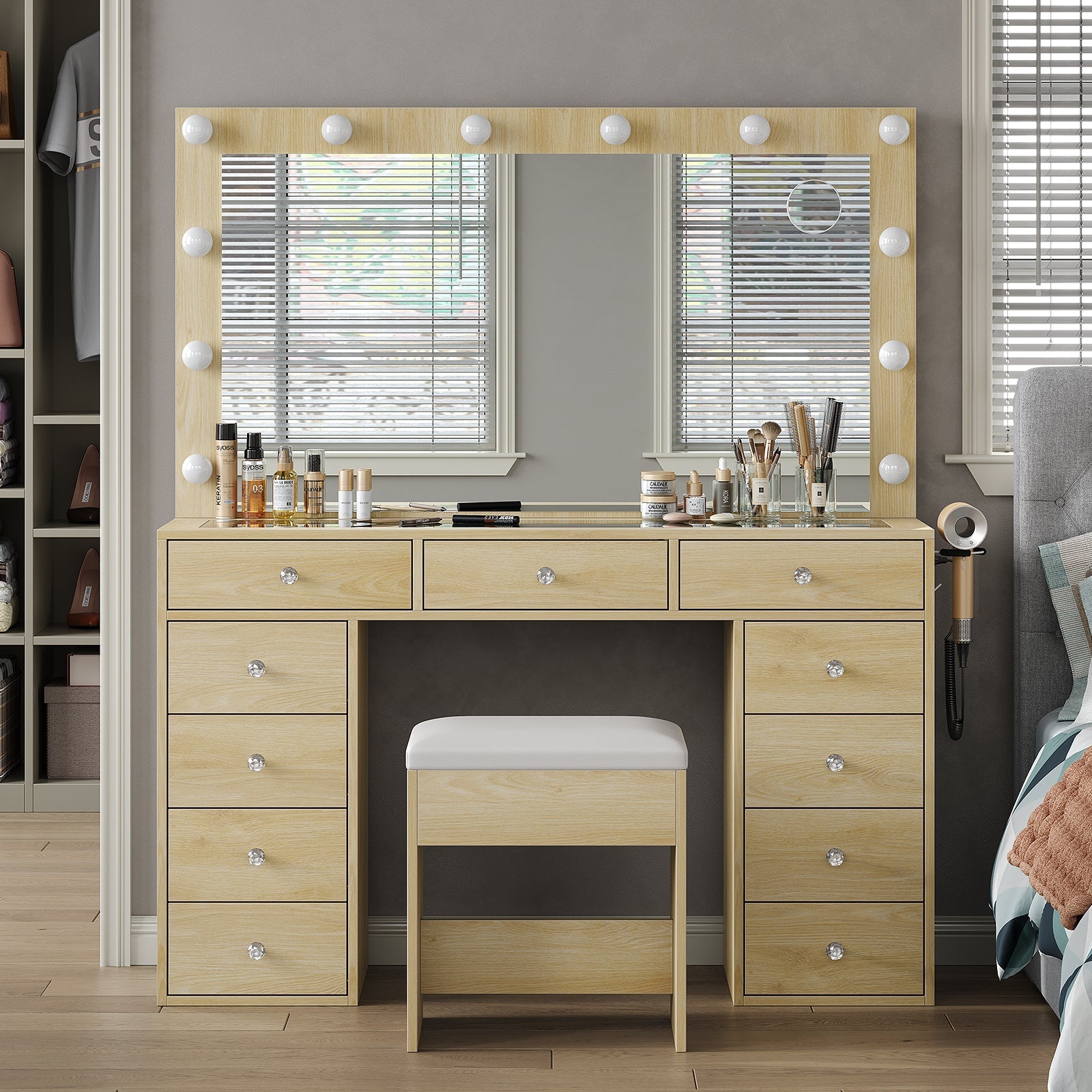 Makeup Vanity desk with LED Mirror, 11 Drawers