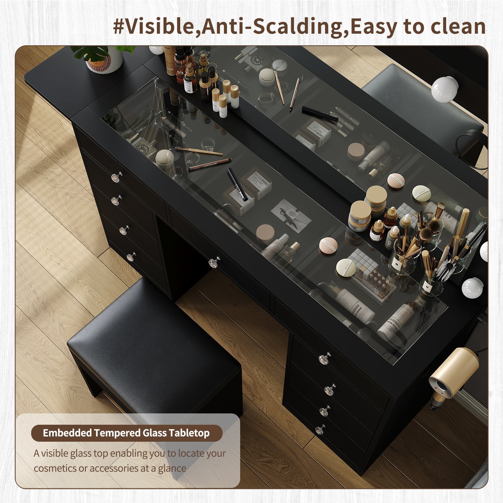 Makeup Vanity desk with LED Mirror, 9 Drawers