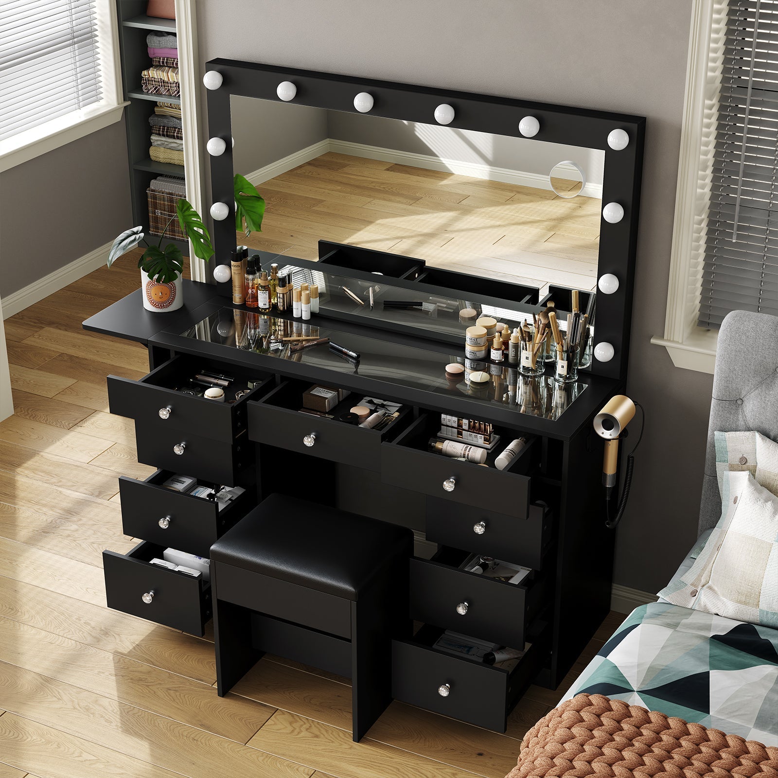 Makeup Vanity desk with LED Mirror, 9 Drawers