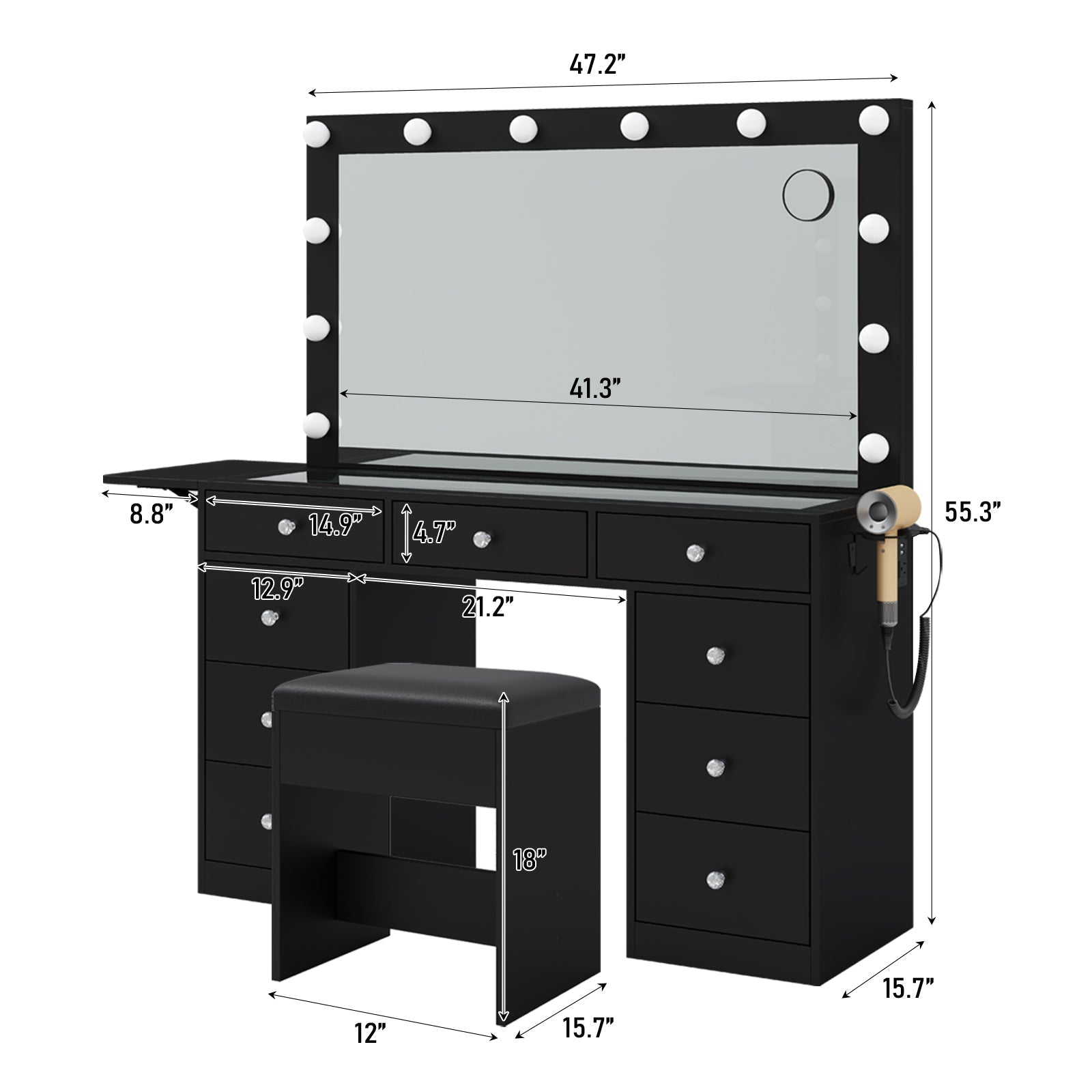 Makeup Vanity desk with LED Mirror, 9 Drawers