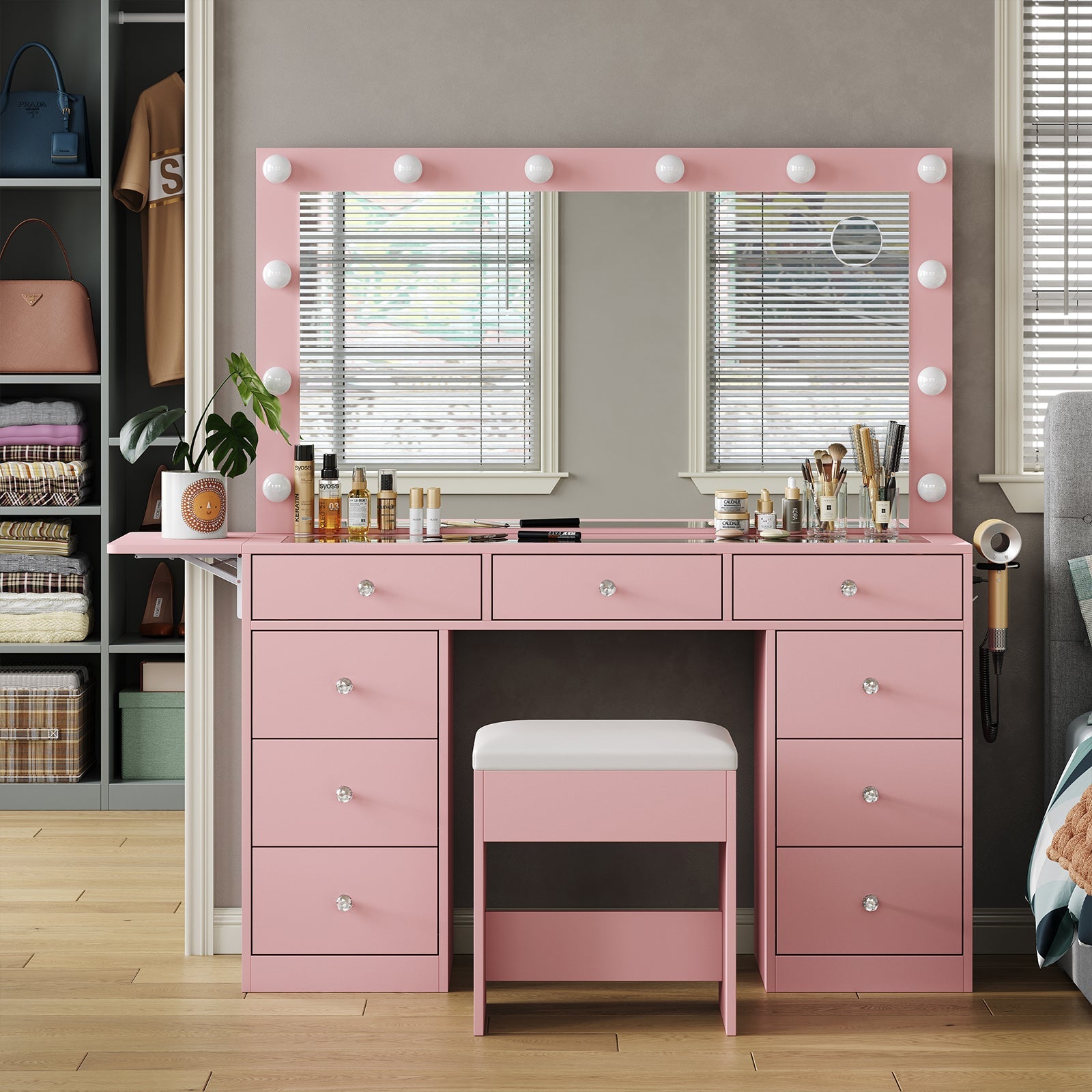 Makeup Vanity desk with LED Mirror, 9 Drawers