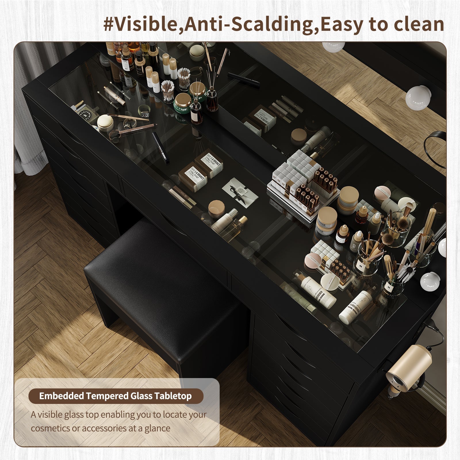 Yanosaku VD008 Bedroom Makeup Vanity desk with LED Mirro, 15 Drawers