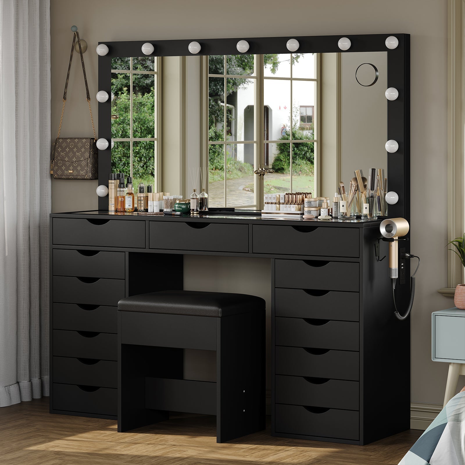 Yanosaku VD008 Bedroom Makeup Vanity desk with LED Mirro, 15 Drawers
