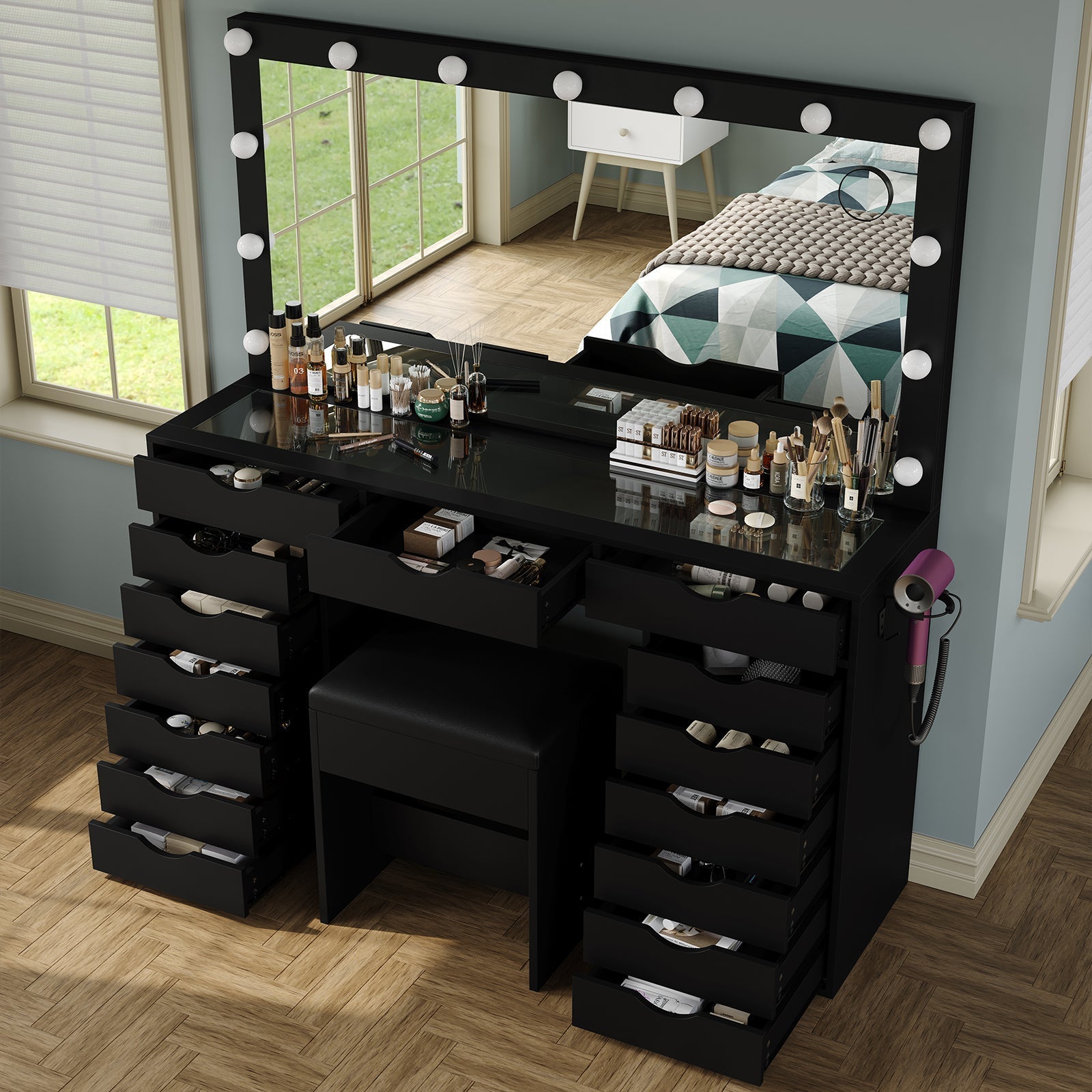 Yanosaku VD008 Bedroom Makeup Vanity desk with LED Mirro, 15 Drawers