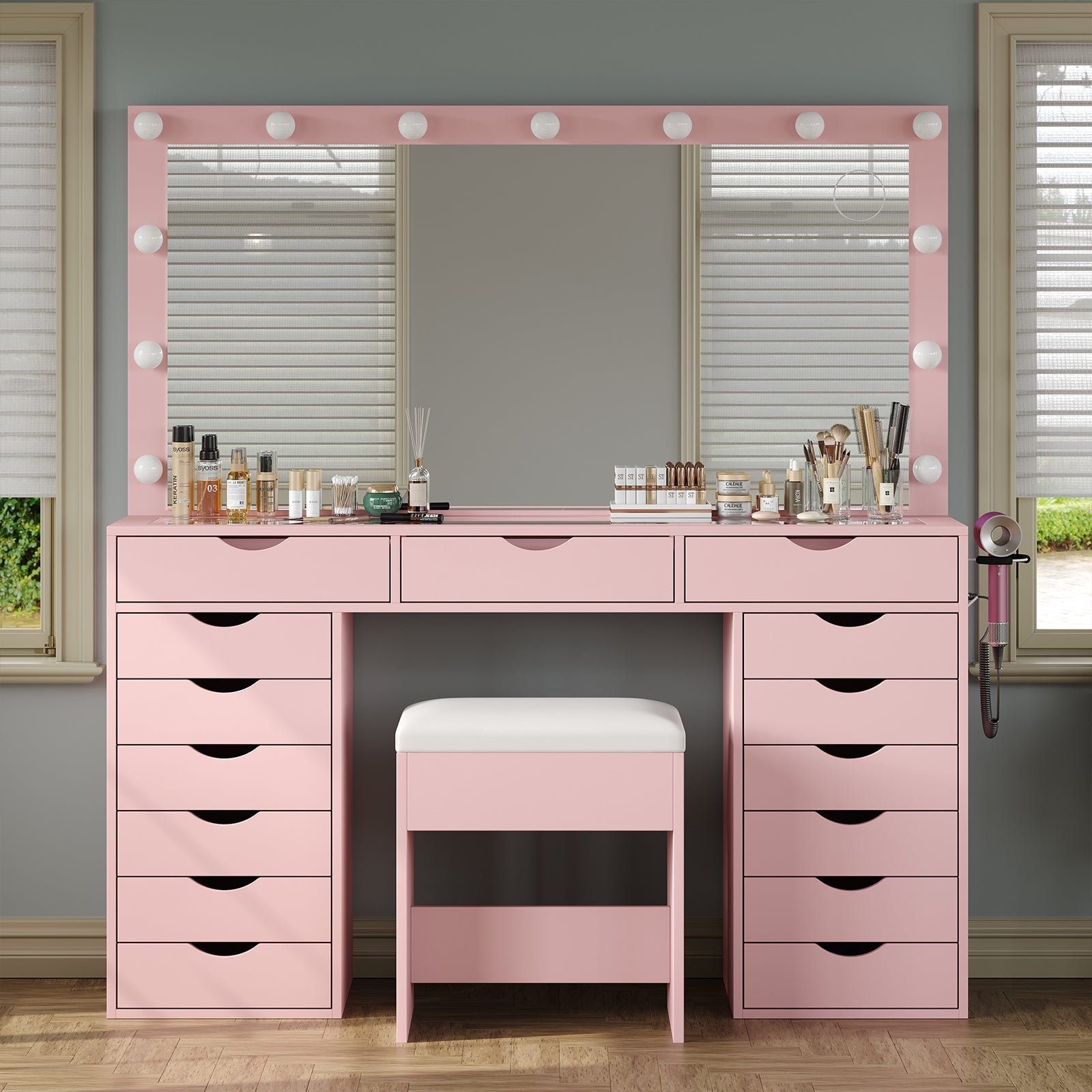 Yanosaku VD008 Bedroom Makeup Vanity desk with LED Mirro, 15 Drawers
