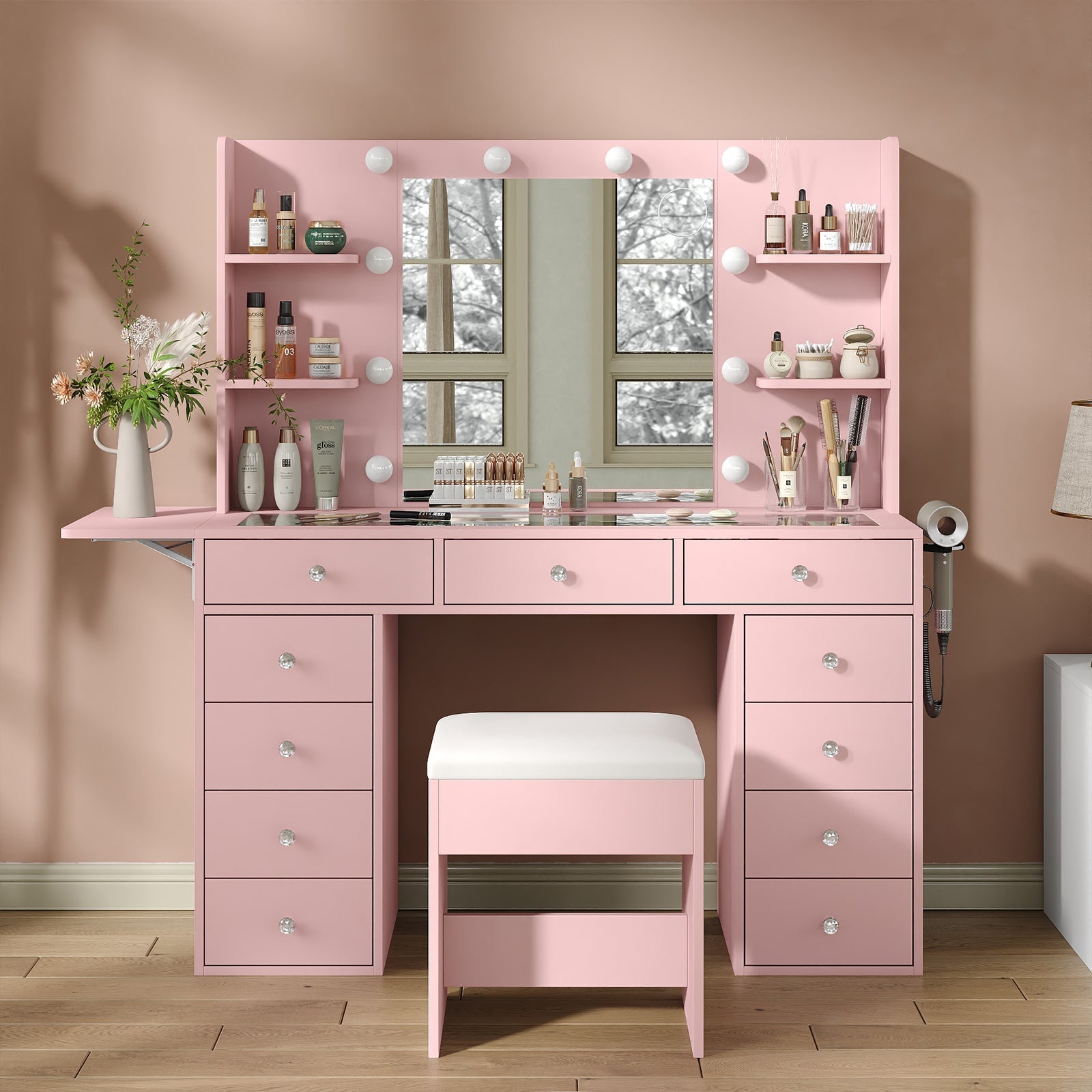 Yanosaku VD010 Bedroom Makeup Vanity desk with LED MirrorLED Mirror, 9 Drawers