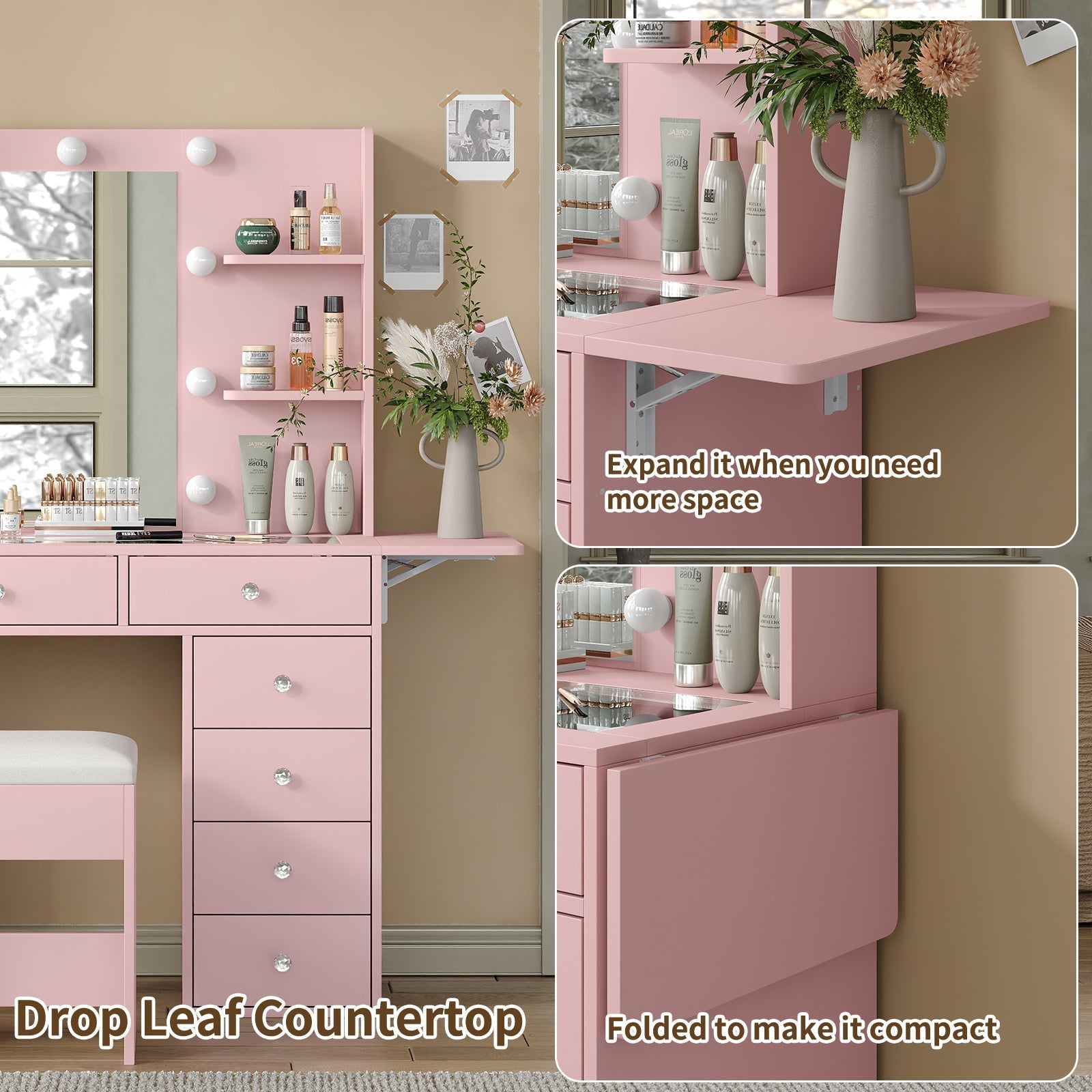 Yanosaku VD010 Bedroom Makeup Vanity desk with LED MirrorLED Mirror, 9 Drawers