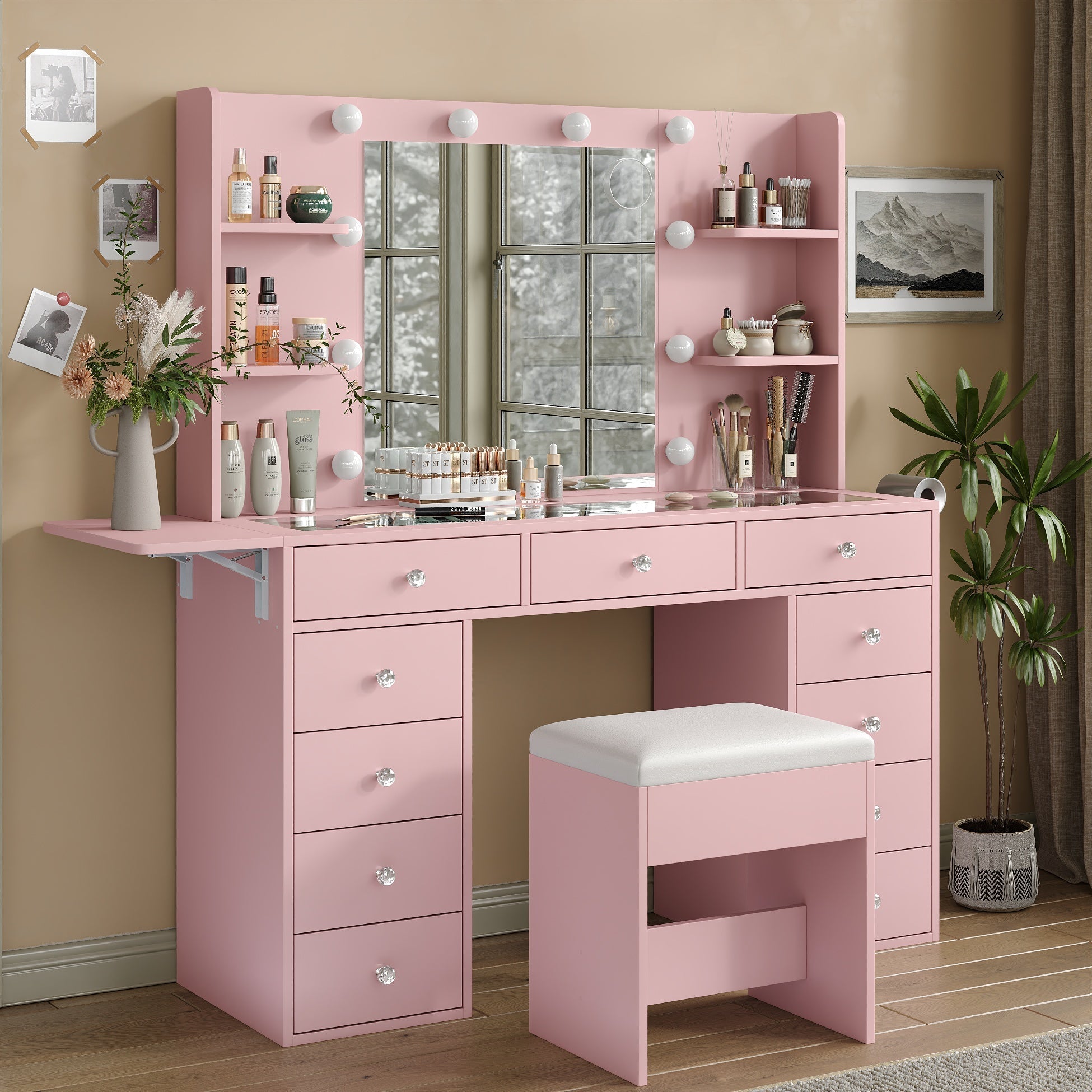 Yanosaku VD010 Bedroom Makeup Vanity desk with LED MirrorLED Mirror, 9 Drawers