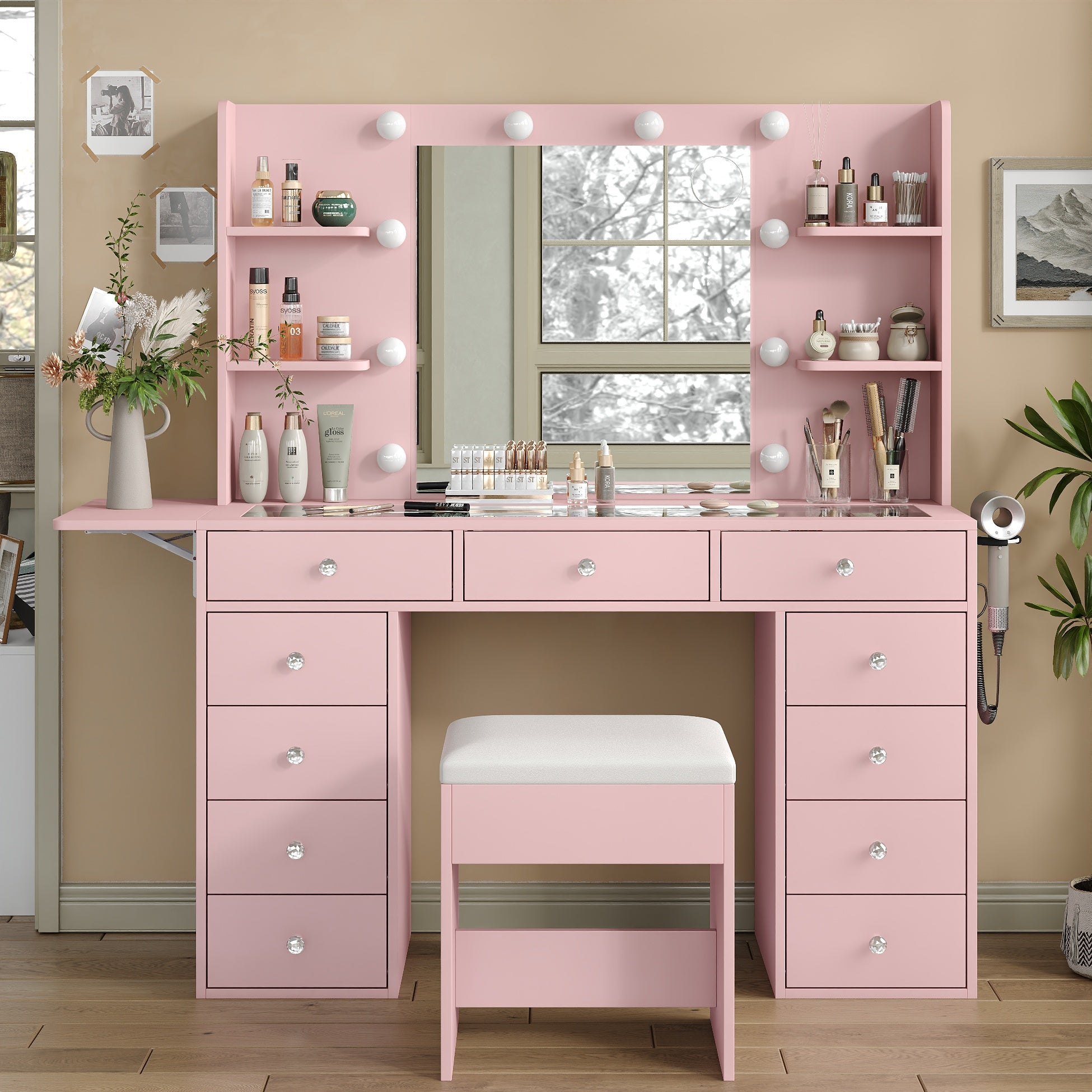 Yanosaku VD010 Bedroom Makeup Vanity desk with LED MirrorLED Mirror, 9 Drawers