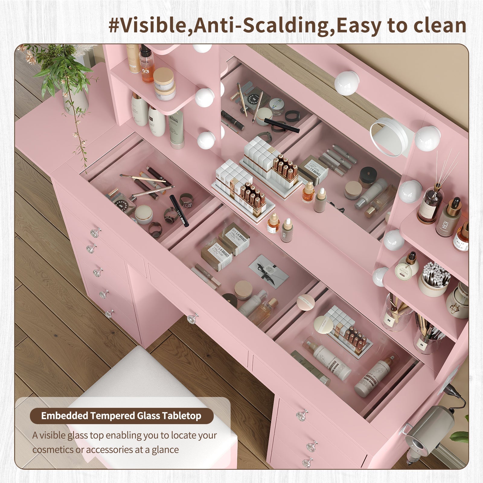 Yanosaku VD010 Bedroom Makeup Vanity desk with LED MirrorLED Mirror, 9 Drawers