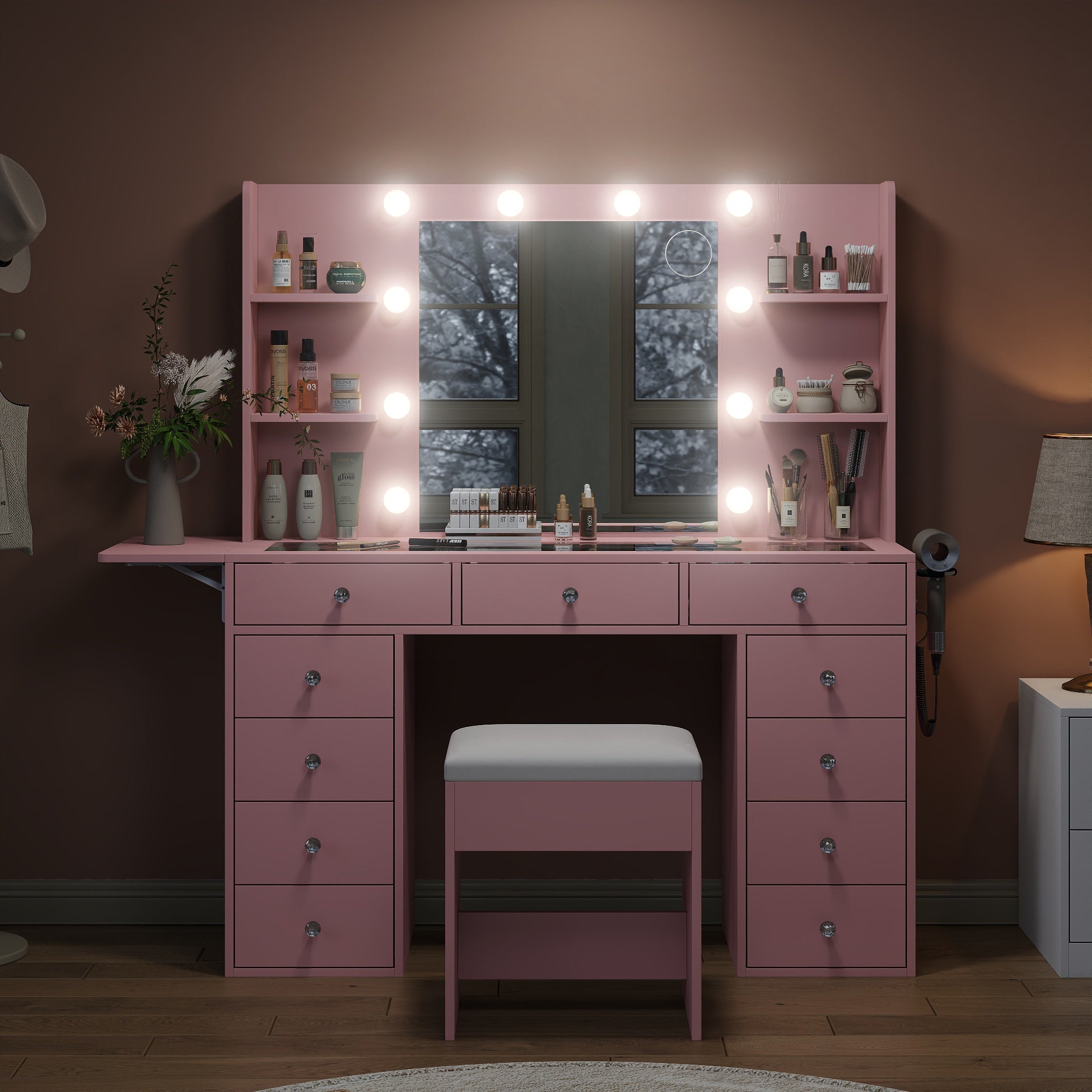 Yanosaku VD010 Bedroom Makeup Vanity desk with LED MirrorLED Mirror, 9 Drawers