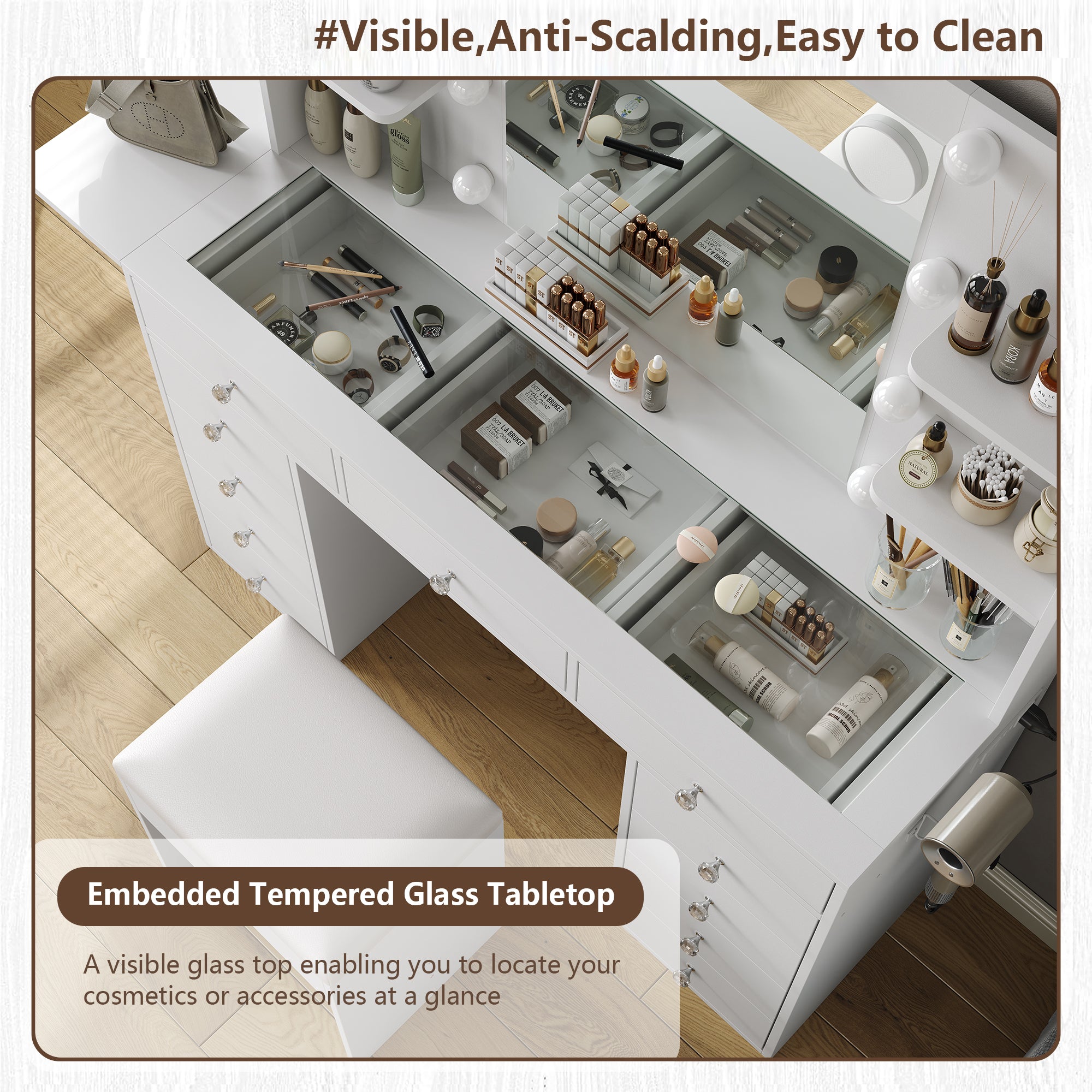 Yanosaku VD010 Bedroom Makeup Vanity desk with LED MirrorLED Mirror, 9 Drawers