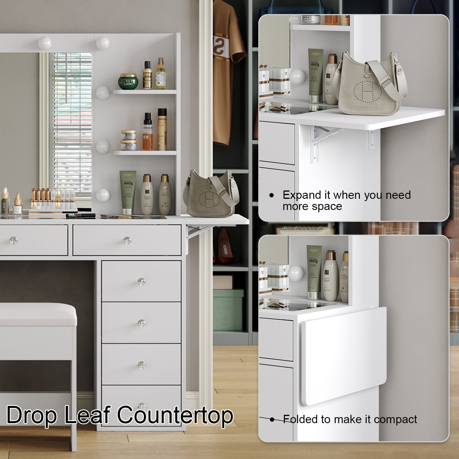 Yanosaku VD010 Bedroom Makeup Vanity desk with LED MirrorLED Mirror, 9 Drawers