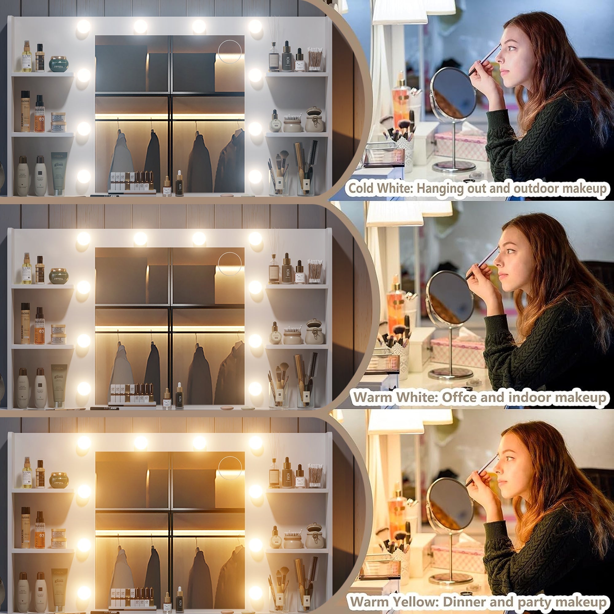 Yanosaku VD010 Bedroom Makeup Vanity desk with LED MirrorLED Mirror, 9 Drawers