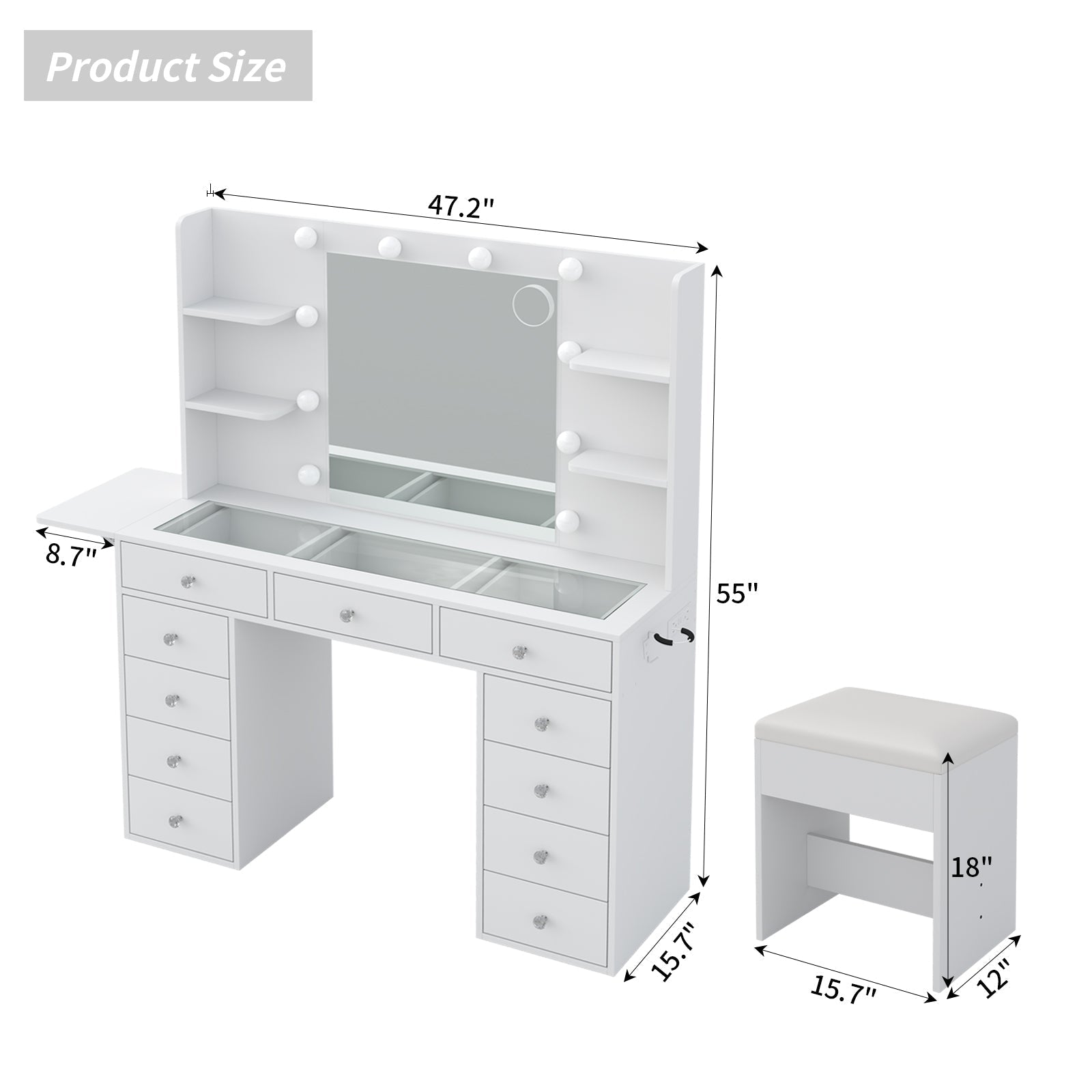 Yanosaku VD010 Bedroom Makeup Vanity desk with LED MirrorLED Mirror, 9 Drawers