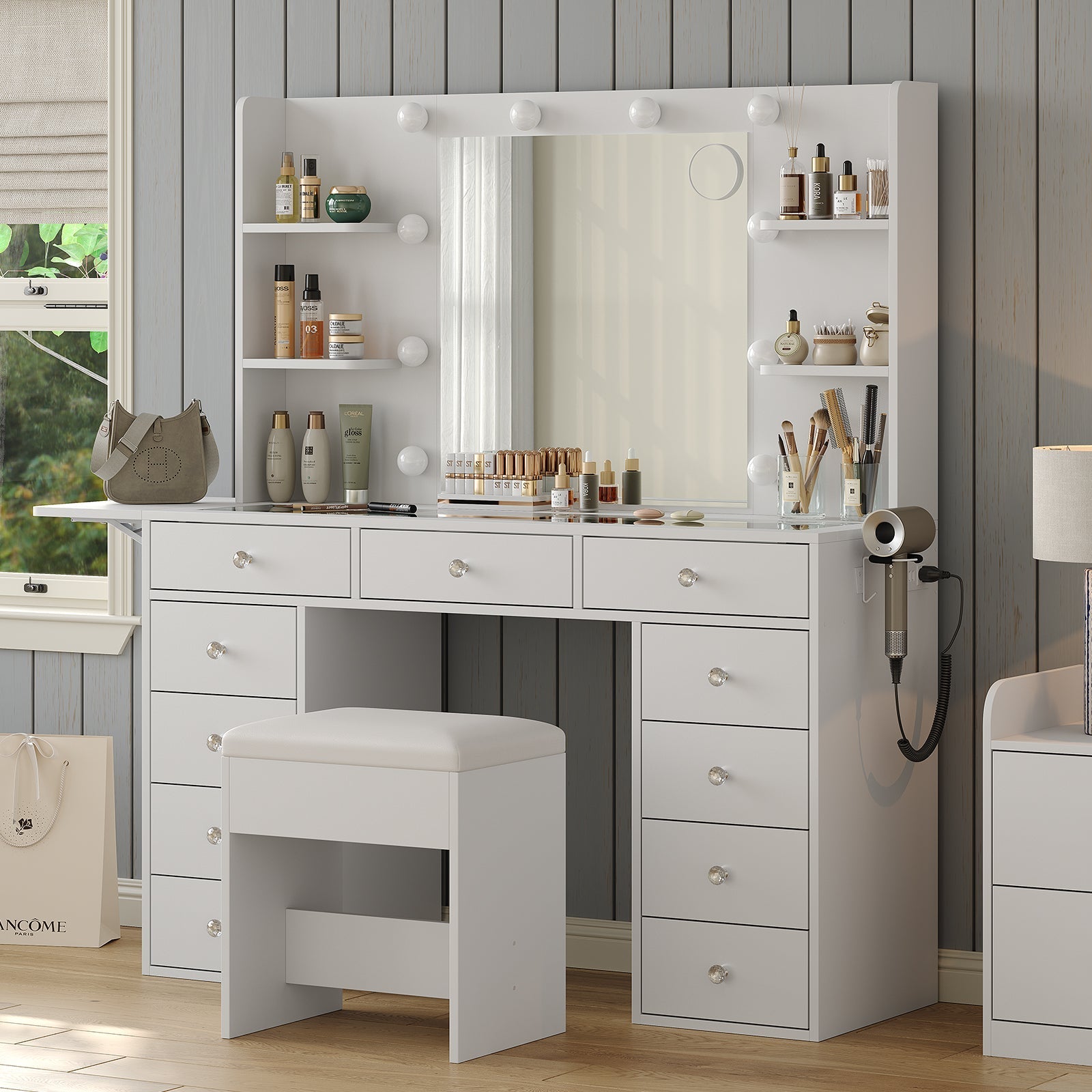 Yanosaku VD010 Bedroom Makeup Vanity desk with LED MirrorLED Mirror, 9 Drawers