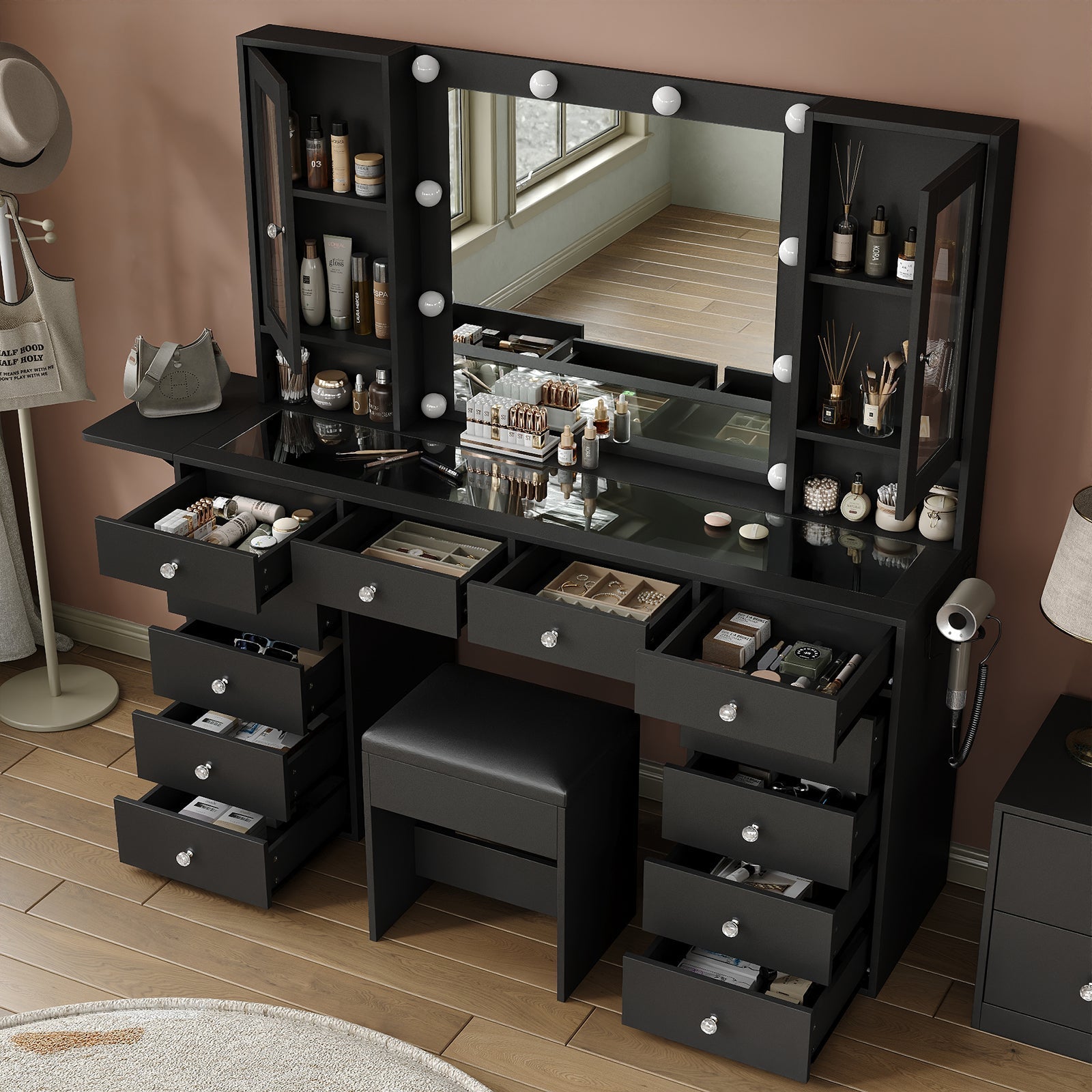 Vanity desk with LED Mirror & 12 Drawers