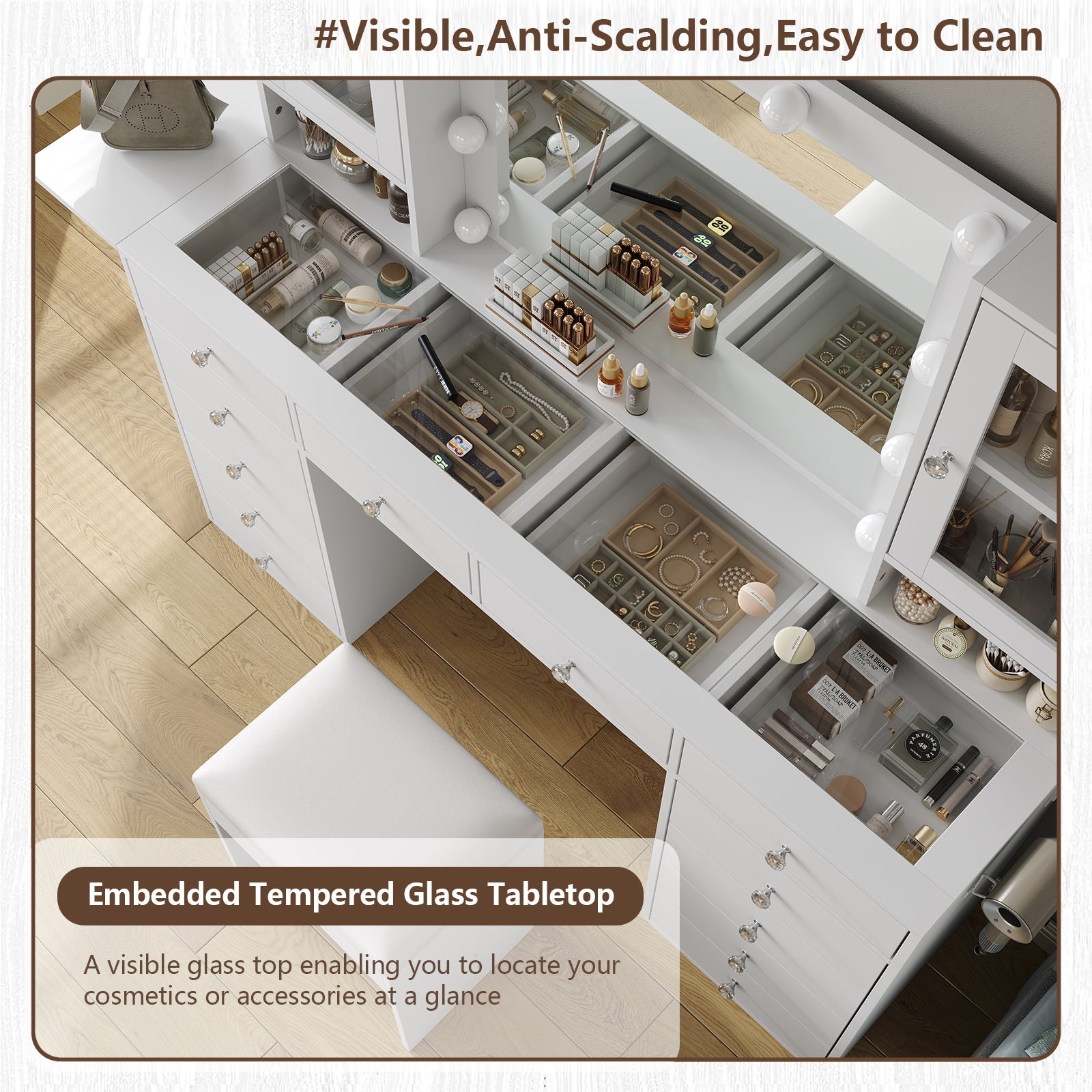 Vanity desk with LED Mirror & 12 Drawers