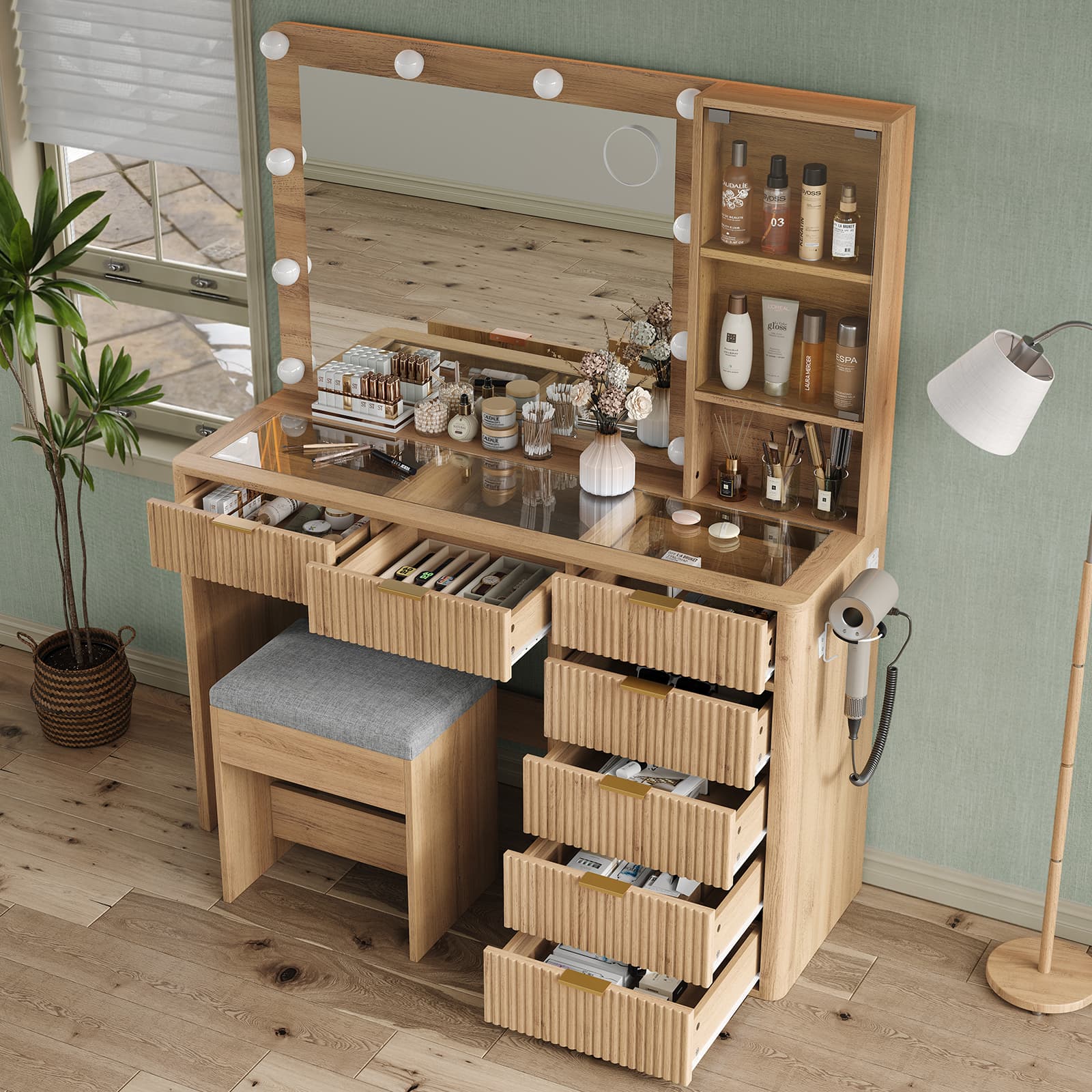 Yanosaku VD013 Bedroom Makeup Vanity desk with LED Mirror, 7 Drawers