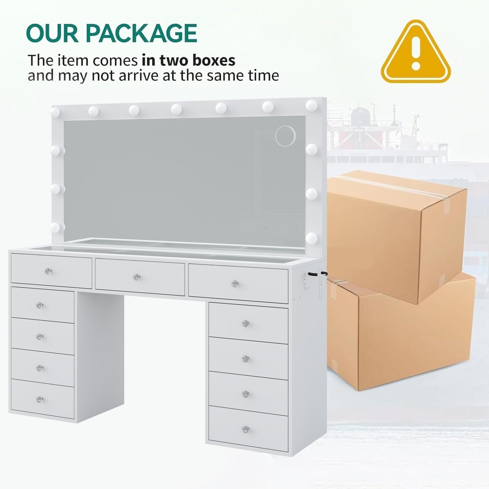 Makeup Vanity desk with LED Mirror, 11 Drawers