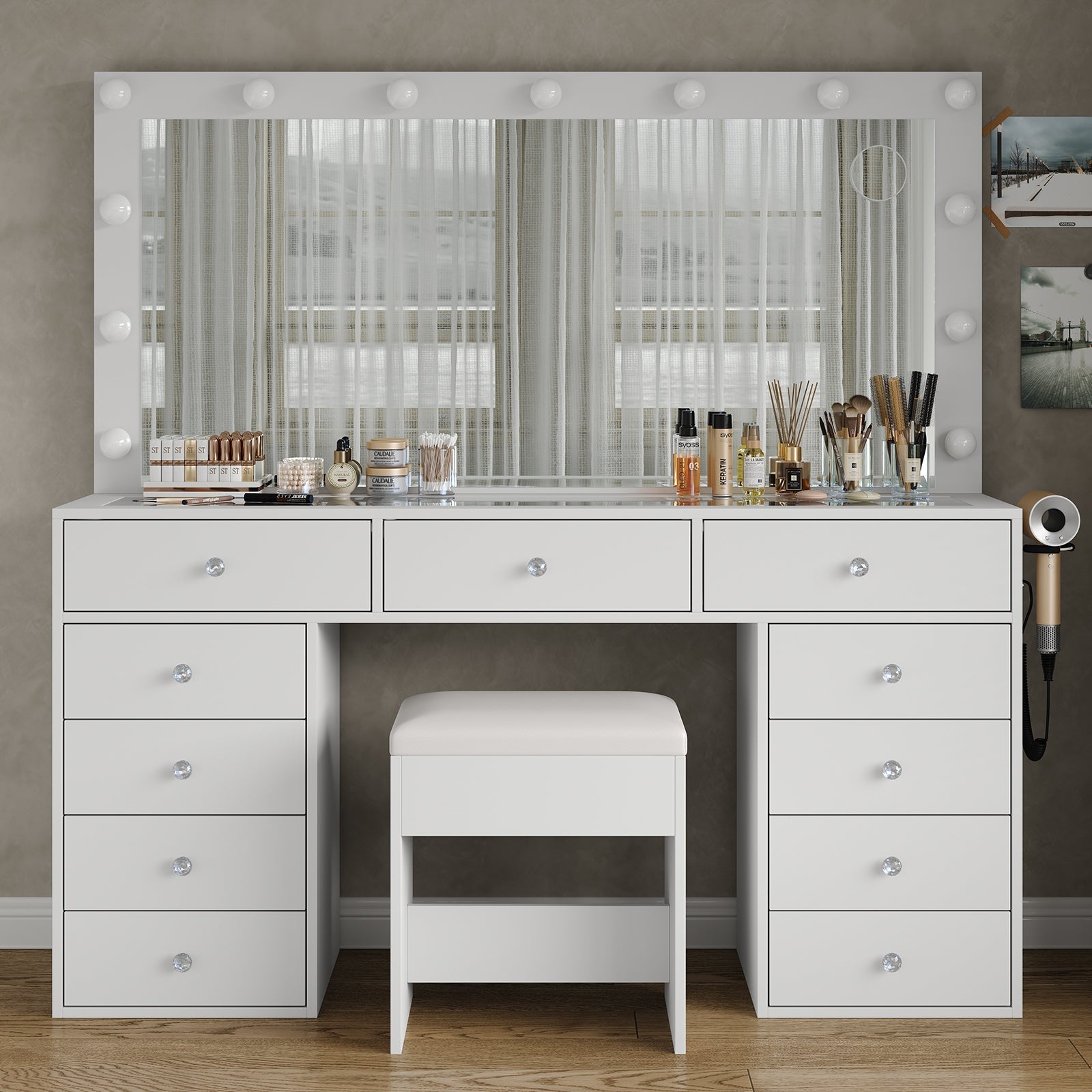 Makeup Vanity desk with LED Mirror, 11 Drawers