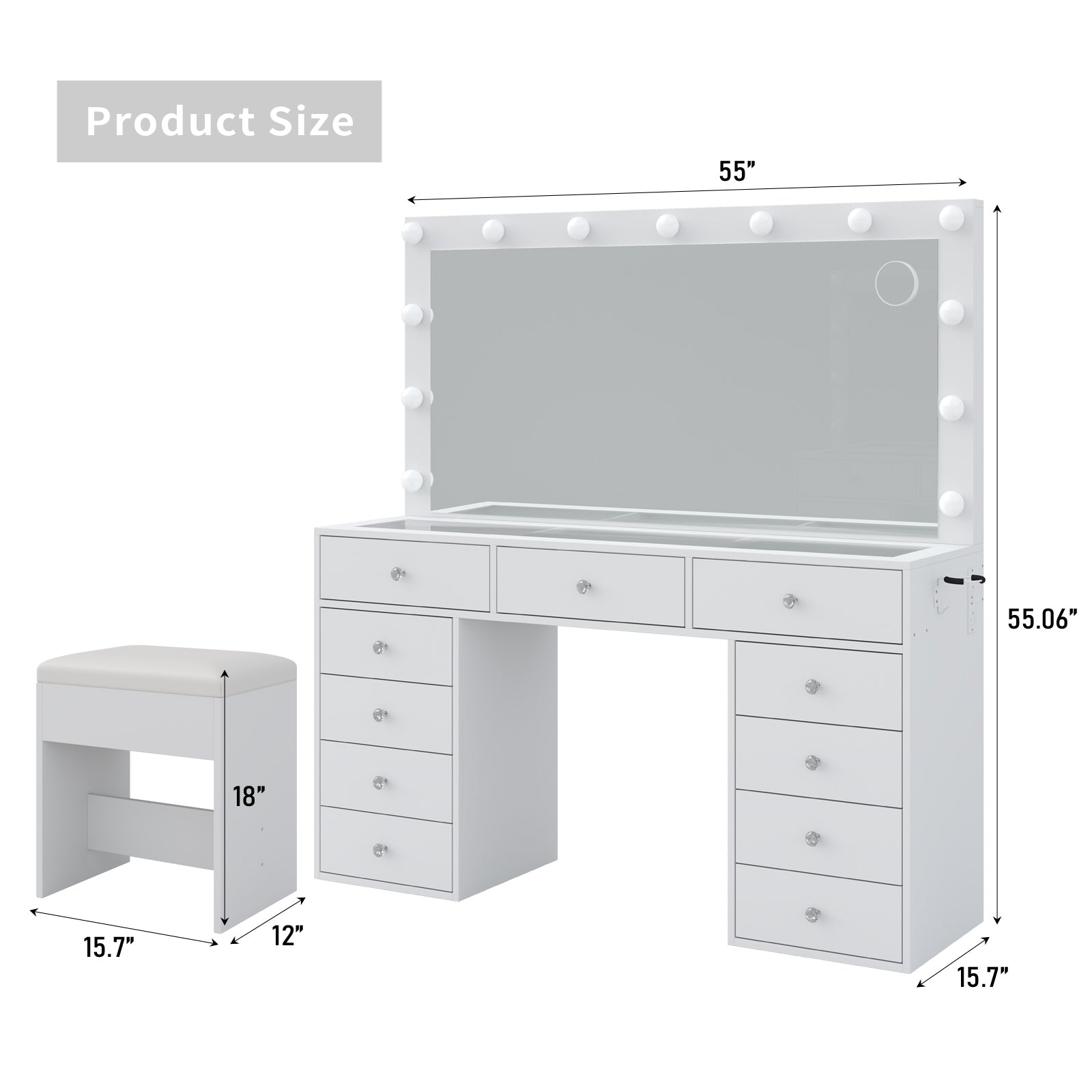 Makeup Vanity desk with LED Mirror, 11 Drawers