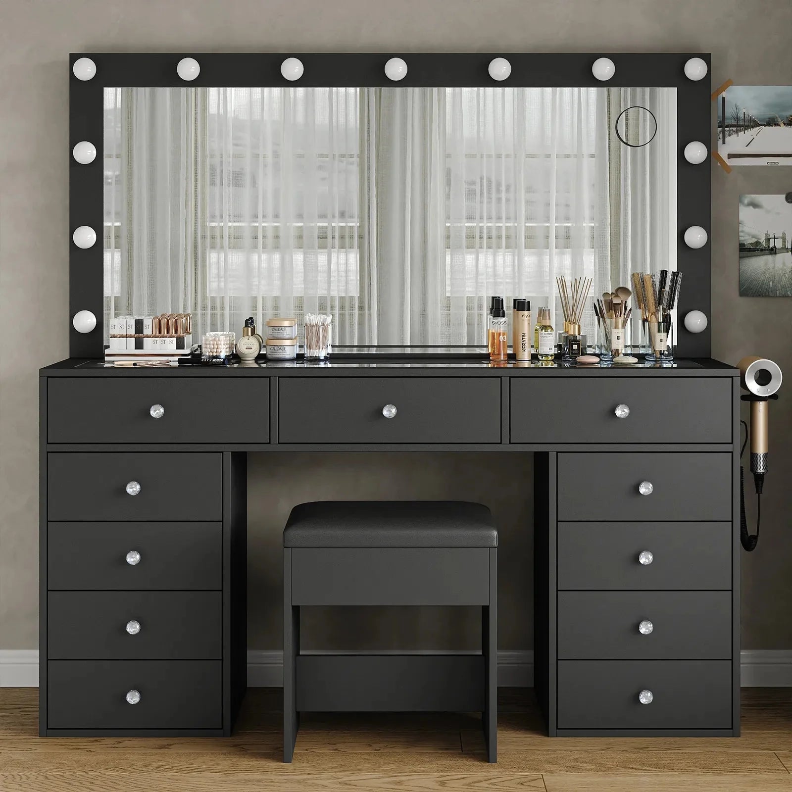 Makeup Vanity desk with LED Mirror, 11 Drawers