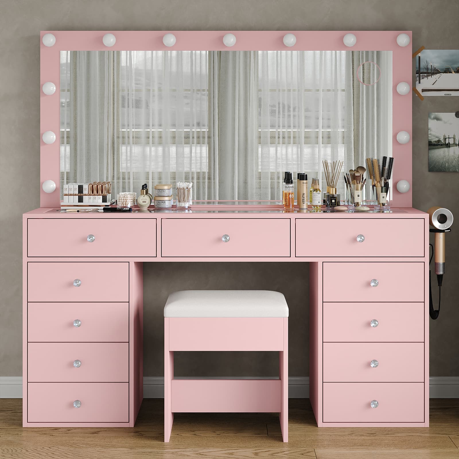 Makeup Vanity desk with LED Mirror, 11 Drawers