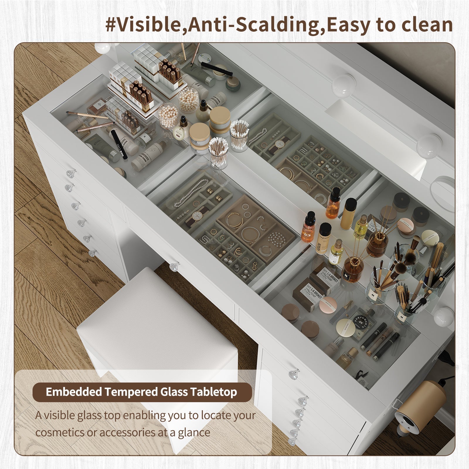 Makeup Vanity desk with LED Mirror, 13 Drawers