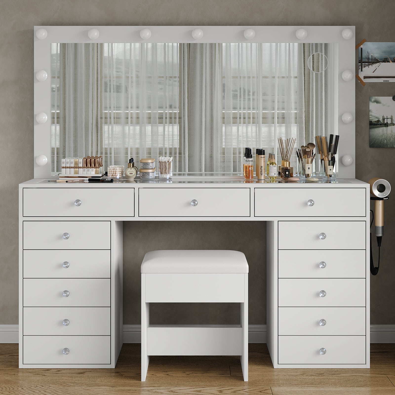 Makeup Vanity desk with LED Mirror, 13 Drawers